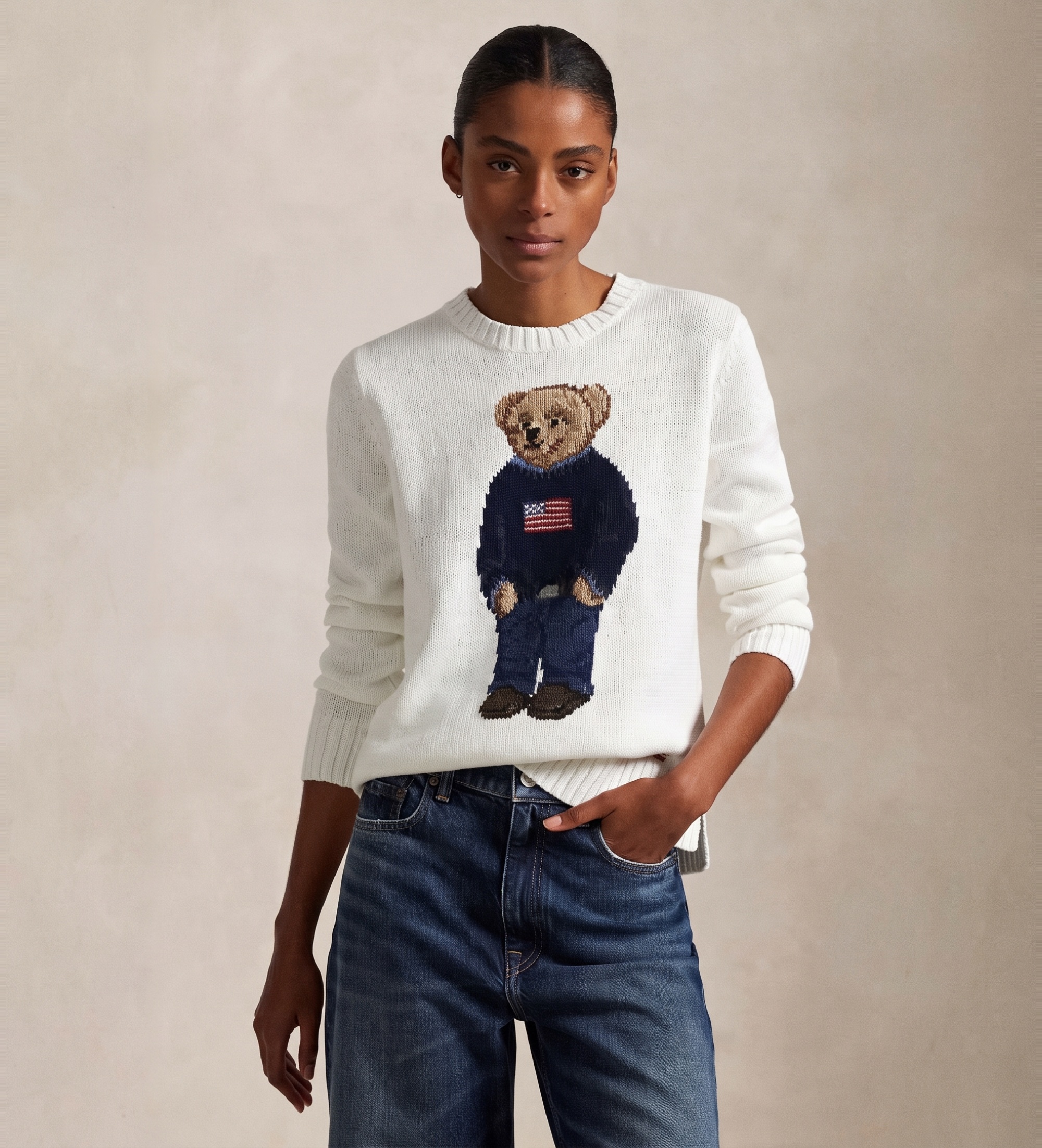 Polo Ralph Lauren für Damen. 211978359001 Pullover aus Baumwolle und Leinen mit weißem Polobär (XL), Lässig