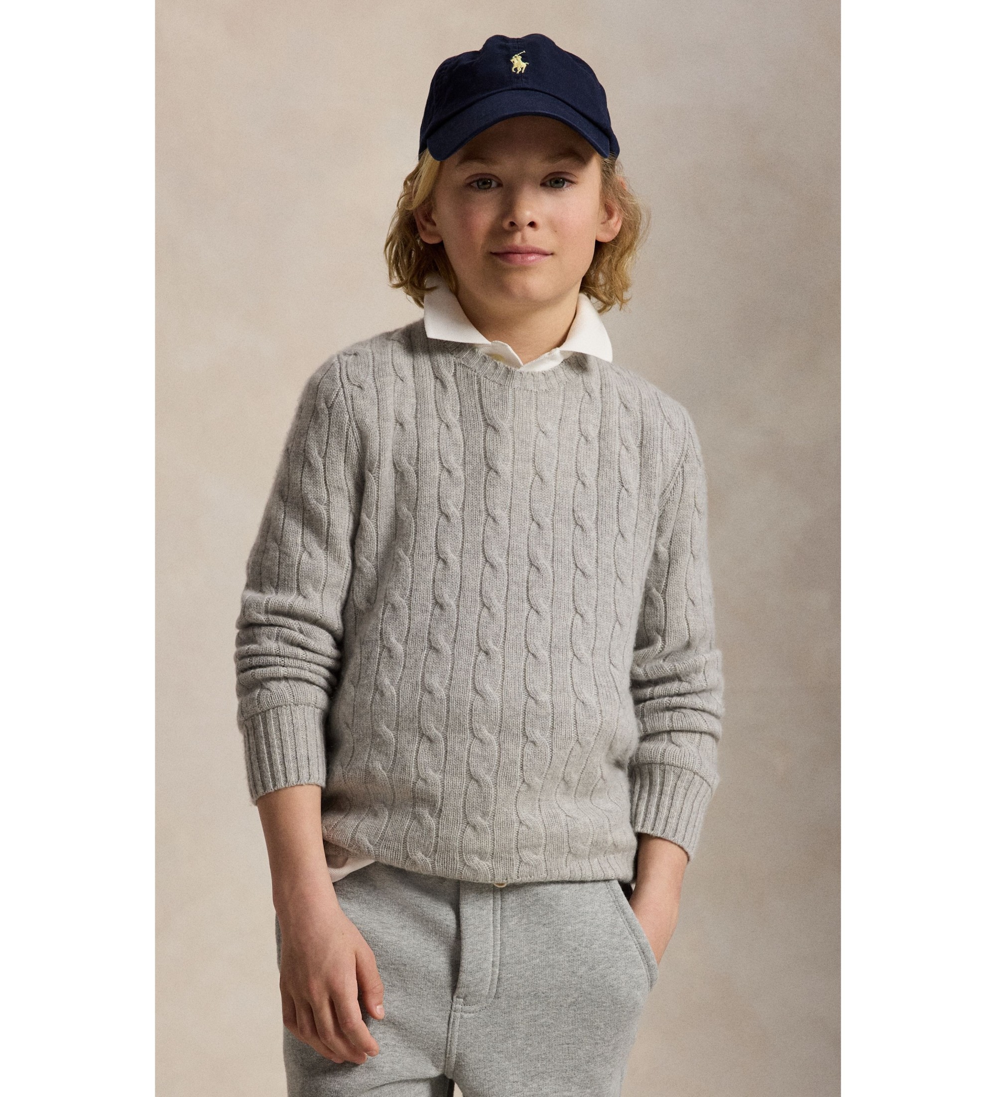 Polo Ralph Lauren für Jungen. 323958134006 Grauer Kaschmirpullover mit Zopfmuster ((M) 8/9años= 140/149cm), Lässig, Klassisch, Cachemir, Lan
