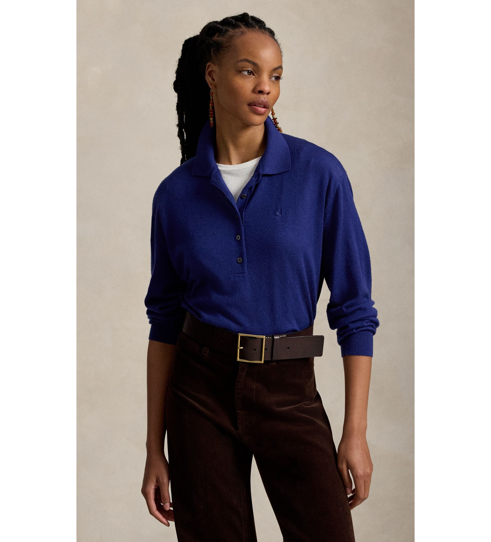Polo Ralph Lauren für Damen. 211B17729002 Blauer Wollpullover mit Polokragen (M), Lässig, Wolle, Langarm