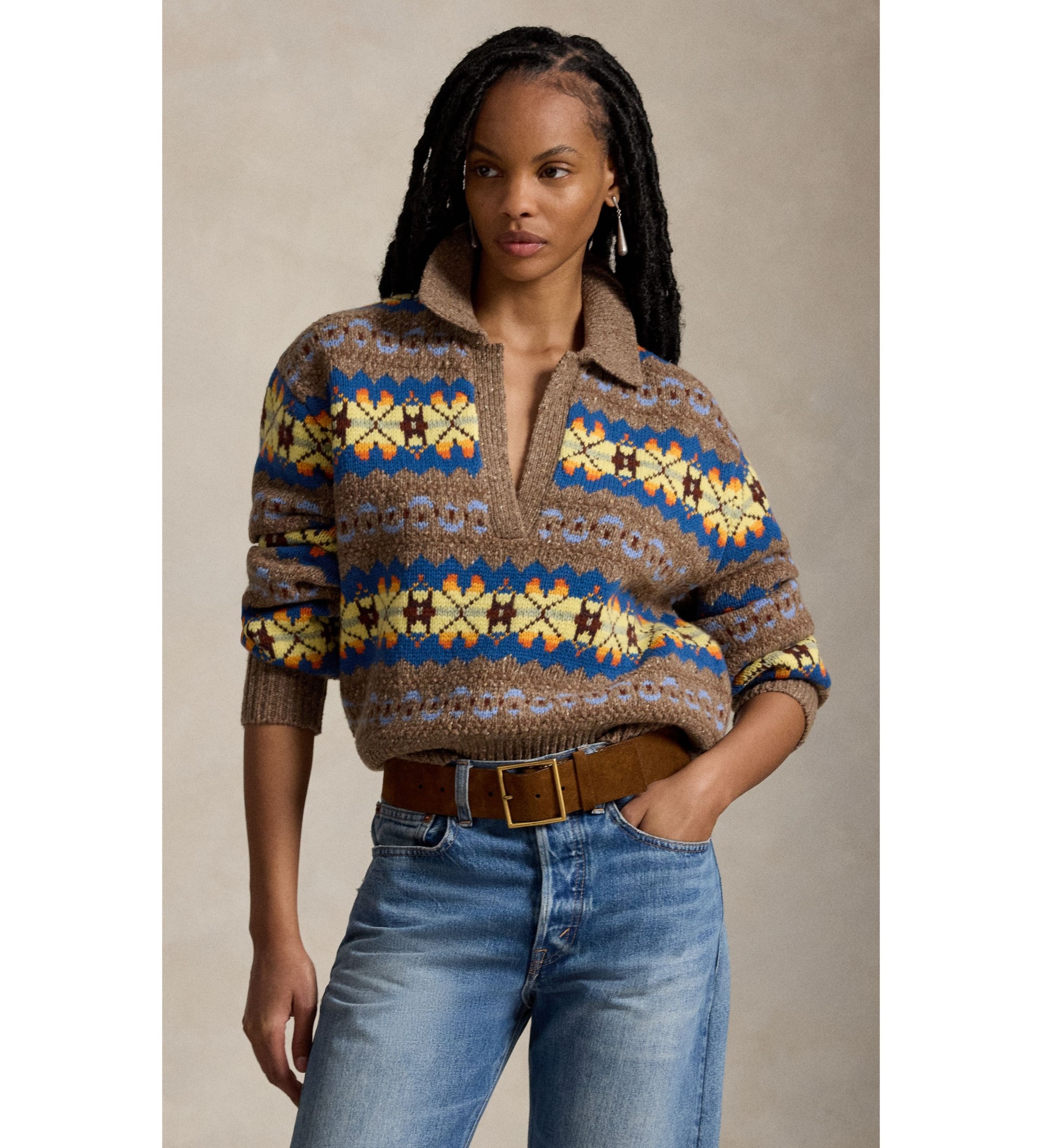 Polo Ralph Lauren für Damen. 211B17766001 Brauner Wollpullover mit Fair-Isle-Muster (XL), Lässig, Wolle, Langarm