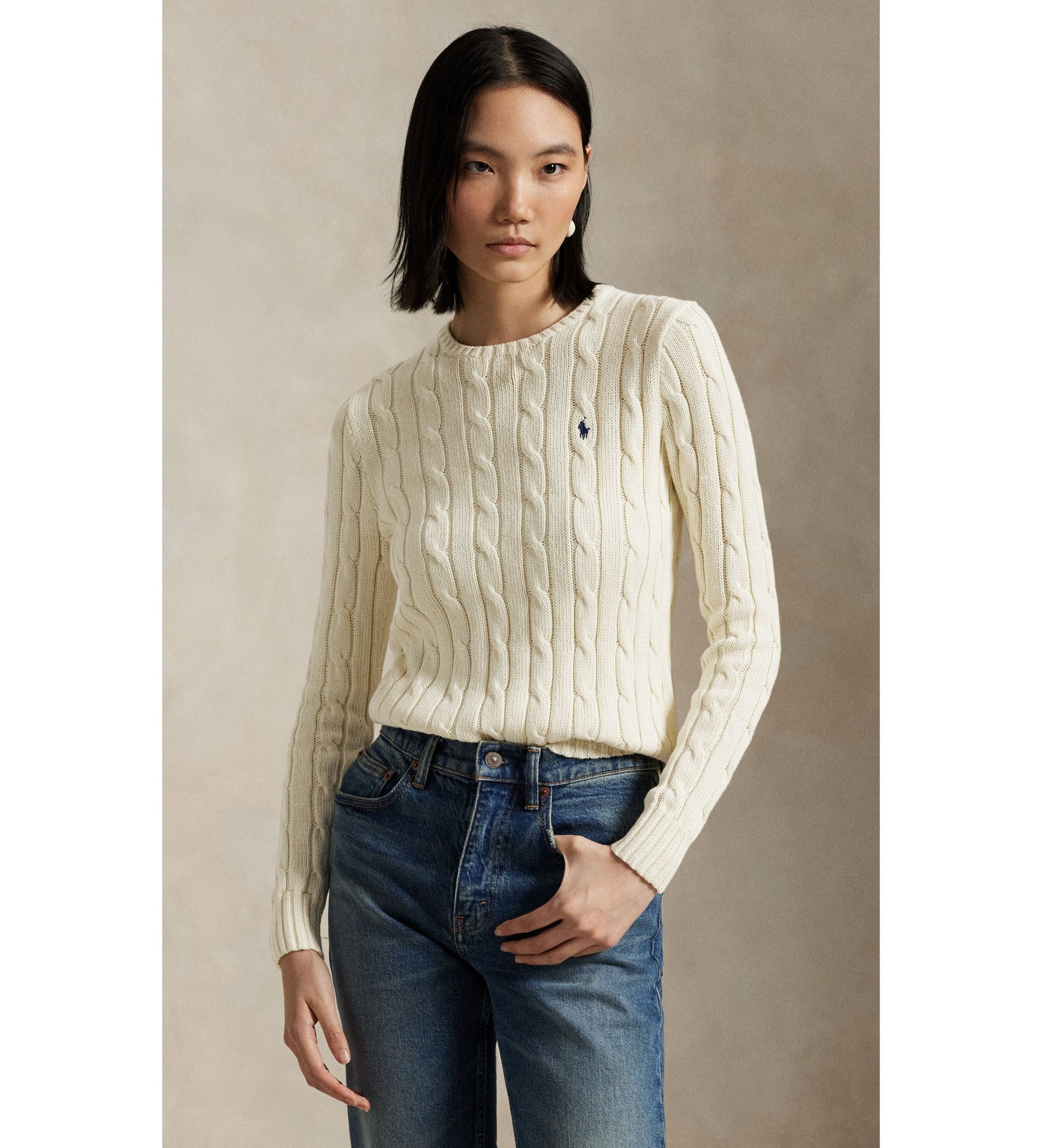 Polo Ralph Lauren für Damen. 211A91216002 Cremeweißer Pullover aus Wolle und Kaschmir (M), Lässig, Langarm