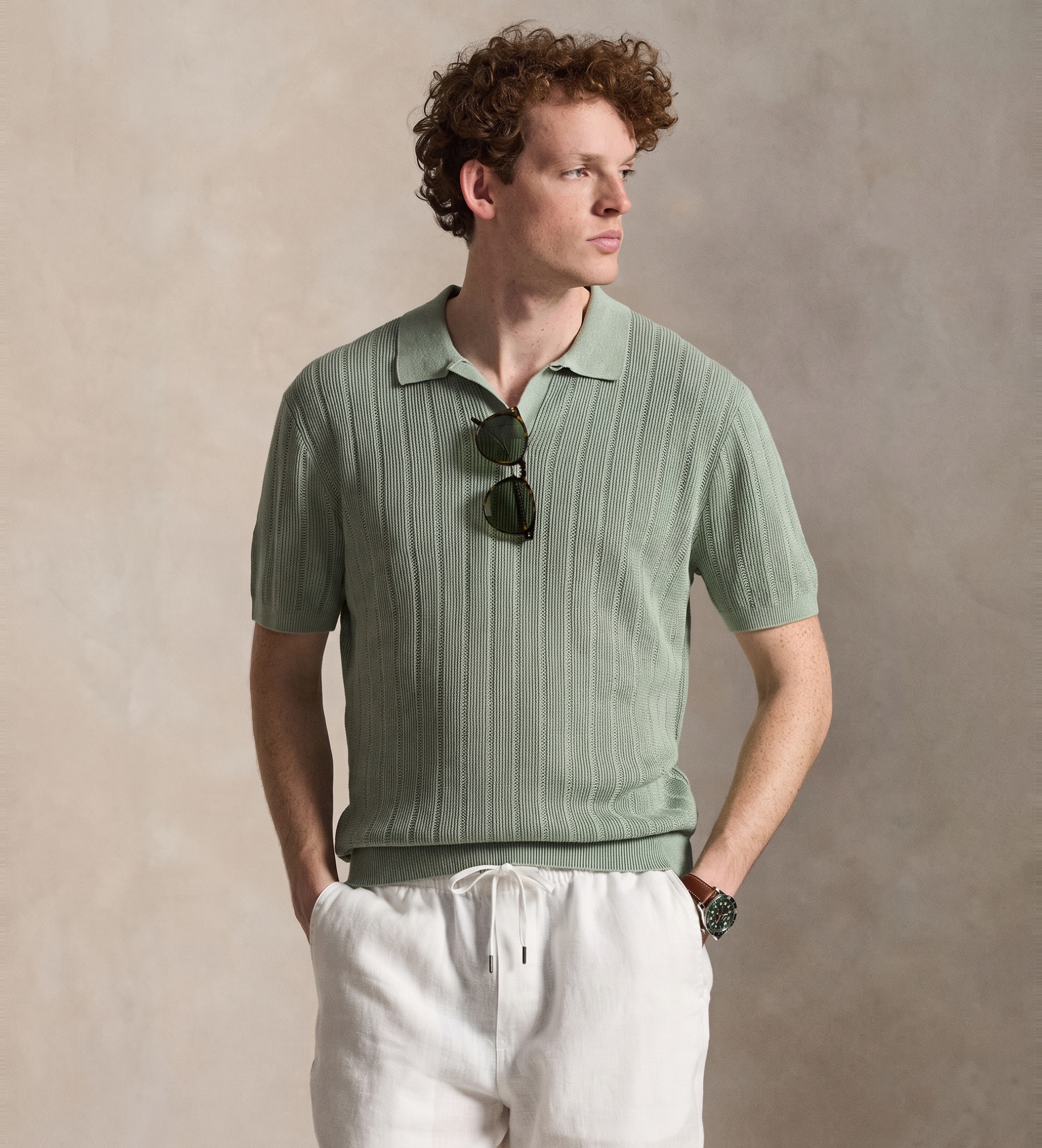 Polo Ralph Lauren für Herren. 710A12994005 Pullover aus Leinen mit offenem Kragen grün (S), Lässig, Kurzarm