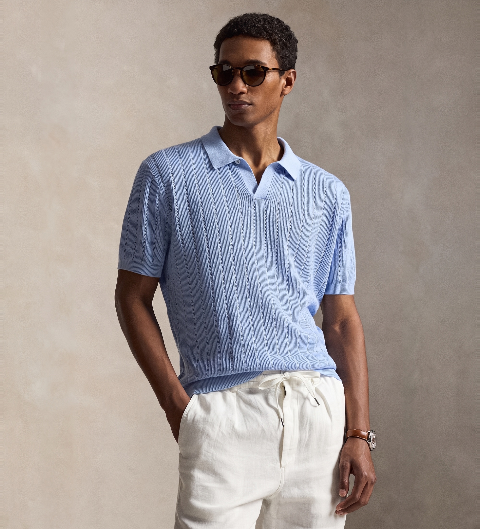 Polo Ralph Lauren für Herren. 710A12994006 Leinenpullover mit offenem Kragen blau (M), Lässig, Kurzarm