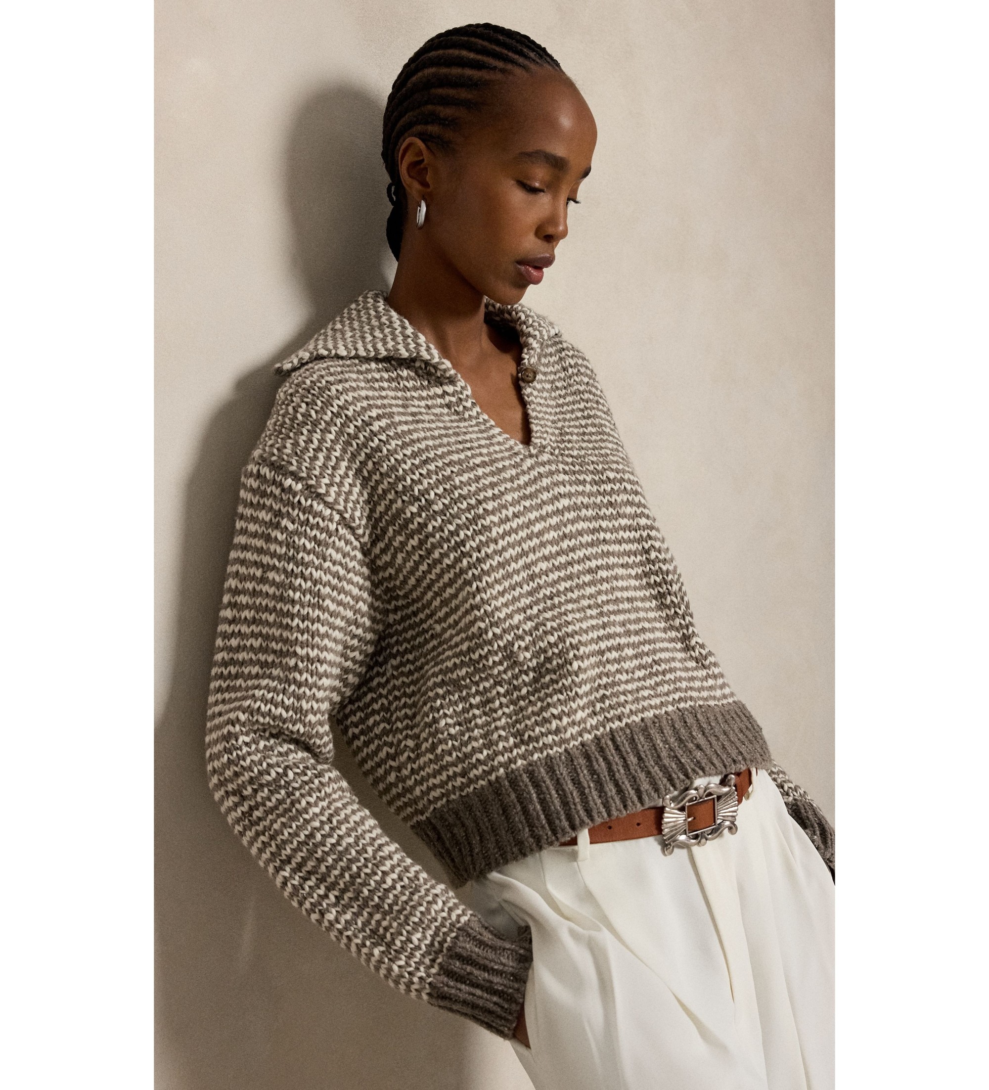 Polo Ralph Lauren für Damen. 211B17754001 Pullover aus Baumwollmischung mit braunen Streifen (M), Lässig, Baumwolle, Langarm