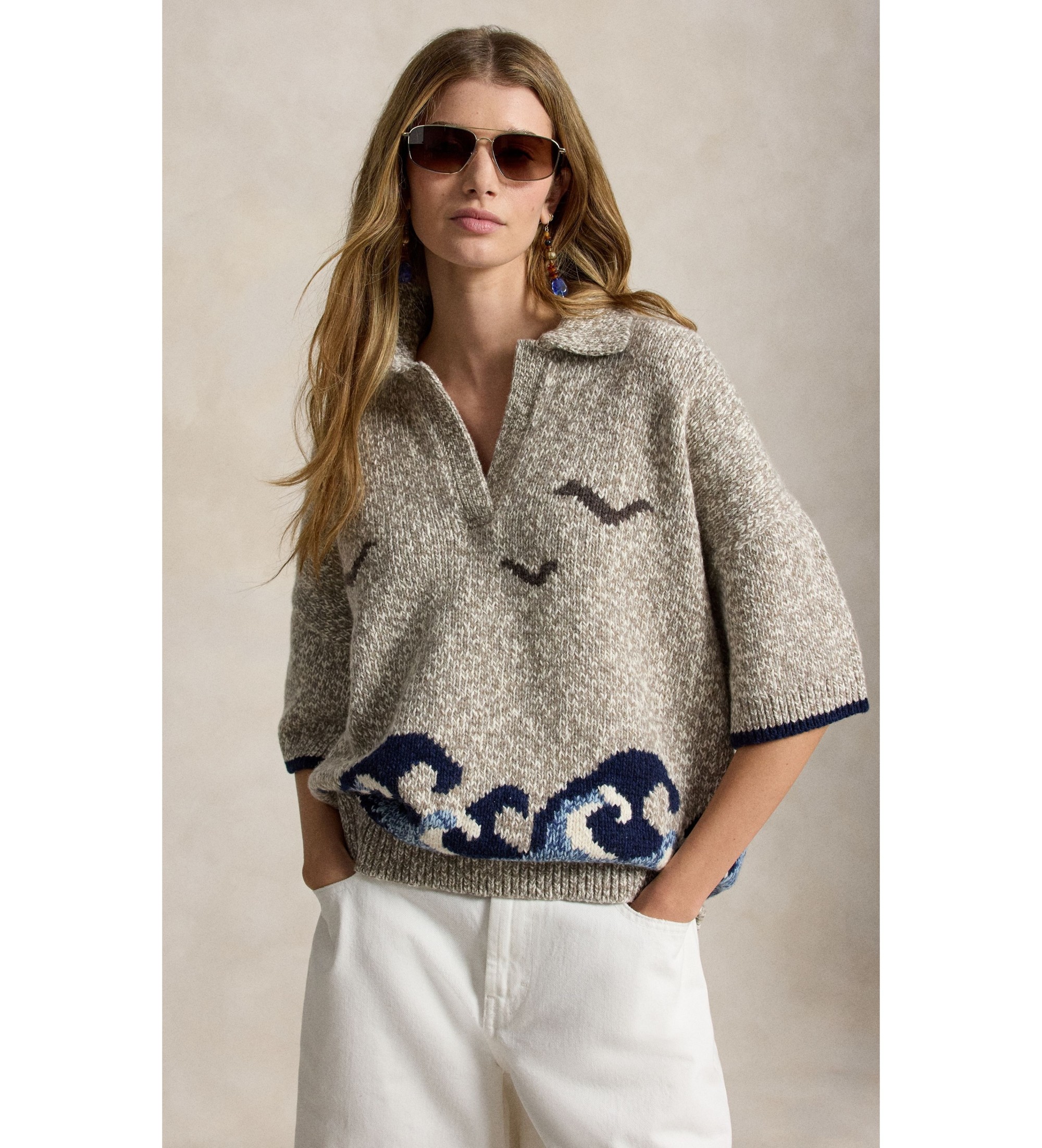 Polo Ralph Lauren für Damen. 211B17738001 Pullover aus Wollmischung mit beigen Mustern (M), Lässig, Wolle, Kurzarm
