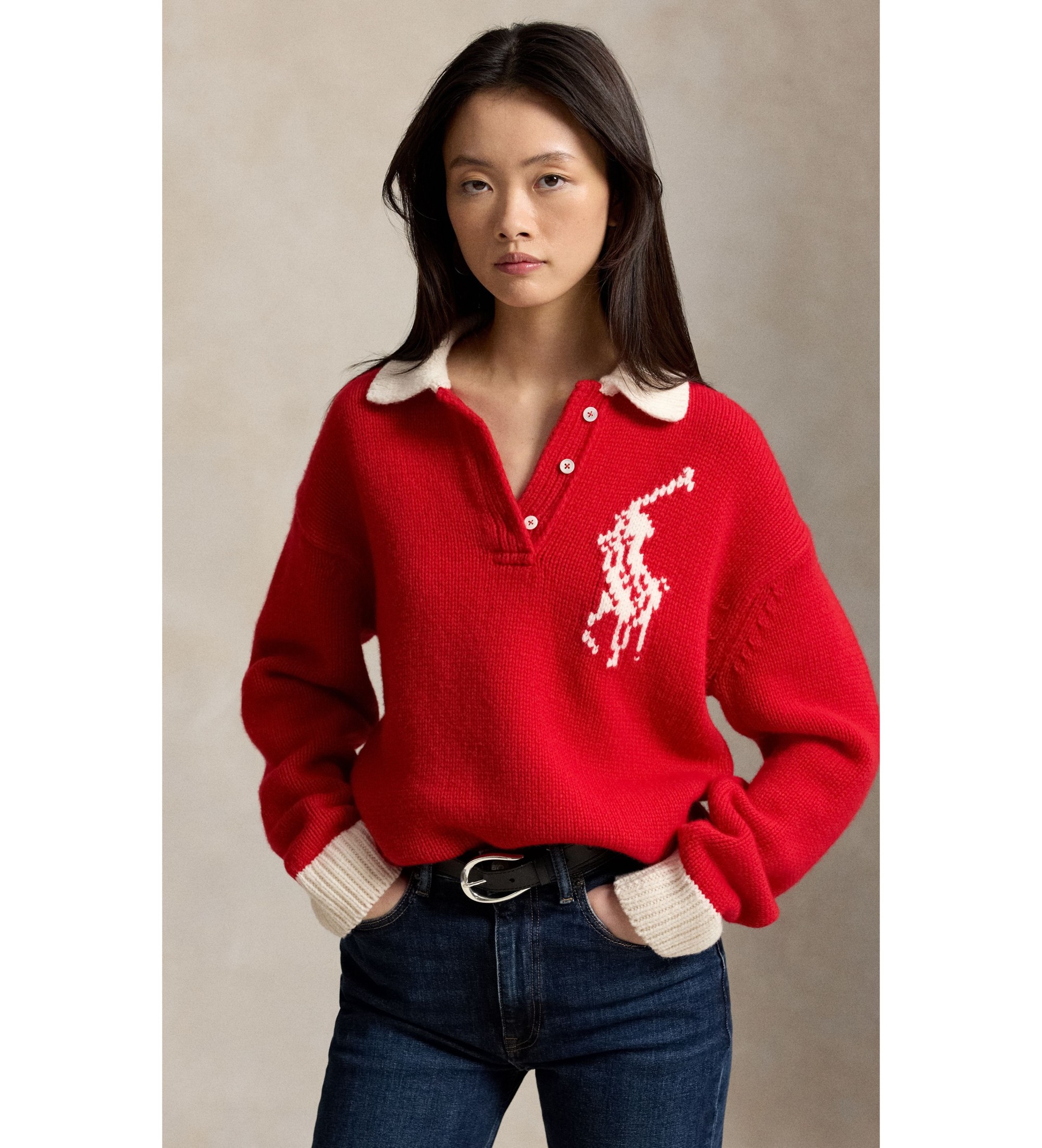 Polo Ralph Lauren für Damen. 211B17749002 Rugby-Pullover aus Wolle mit rotem ?Big Pony?-Logo (M), Lässig, Langarm