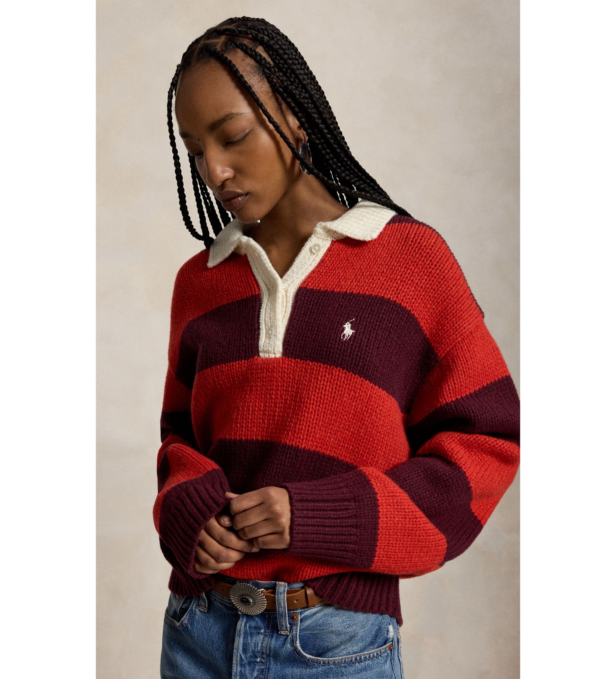 Polo Ralph Lauren für Damen. 211B17752002 Rotes Rugby-Shirt aus Wollmischung (L), Lässig, Kastanienbraun, Wolle, Langarm