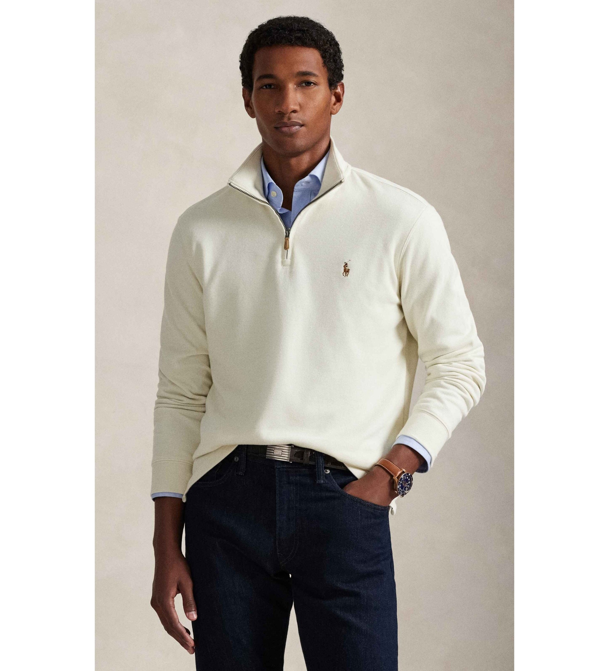 Polo Ralph Laurenvoor mannen. 710P07411004 Estate-Rib pullover met korte rits beige (S), Casual, Katoen, Klassiek