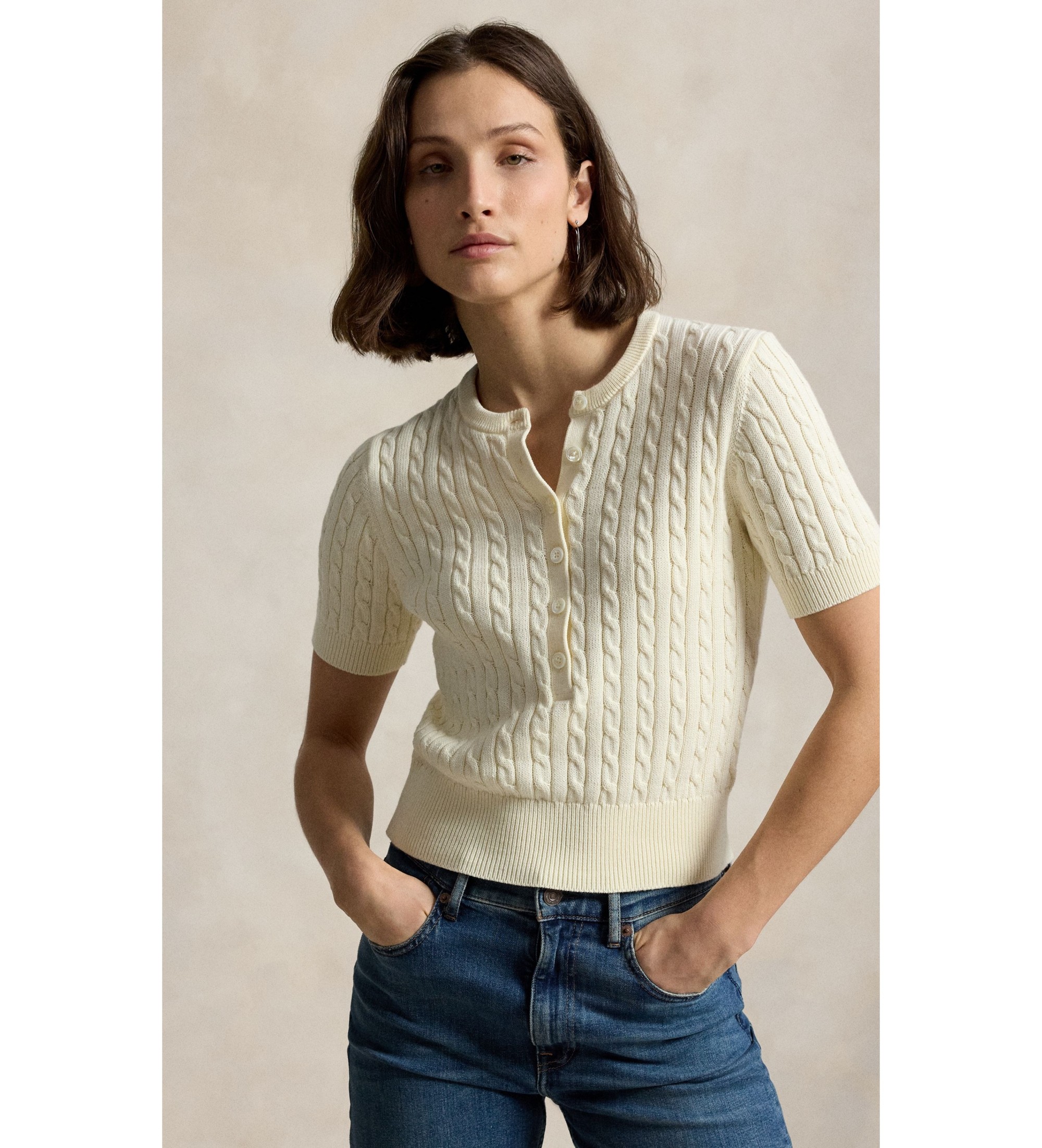Polo Ralph Lauren für Damen. 211B17746001 Jersey Henley in Zopfmuster beige (M), Lässig, Baumwolle, Kurzarm