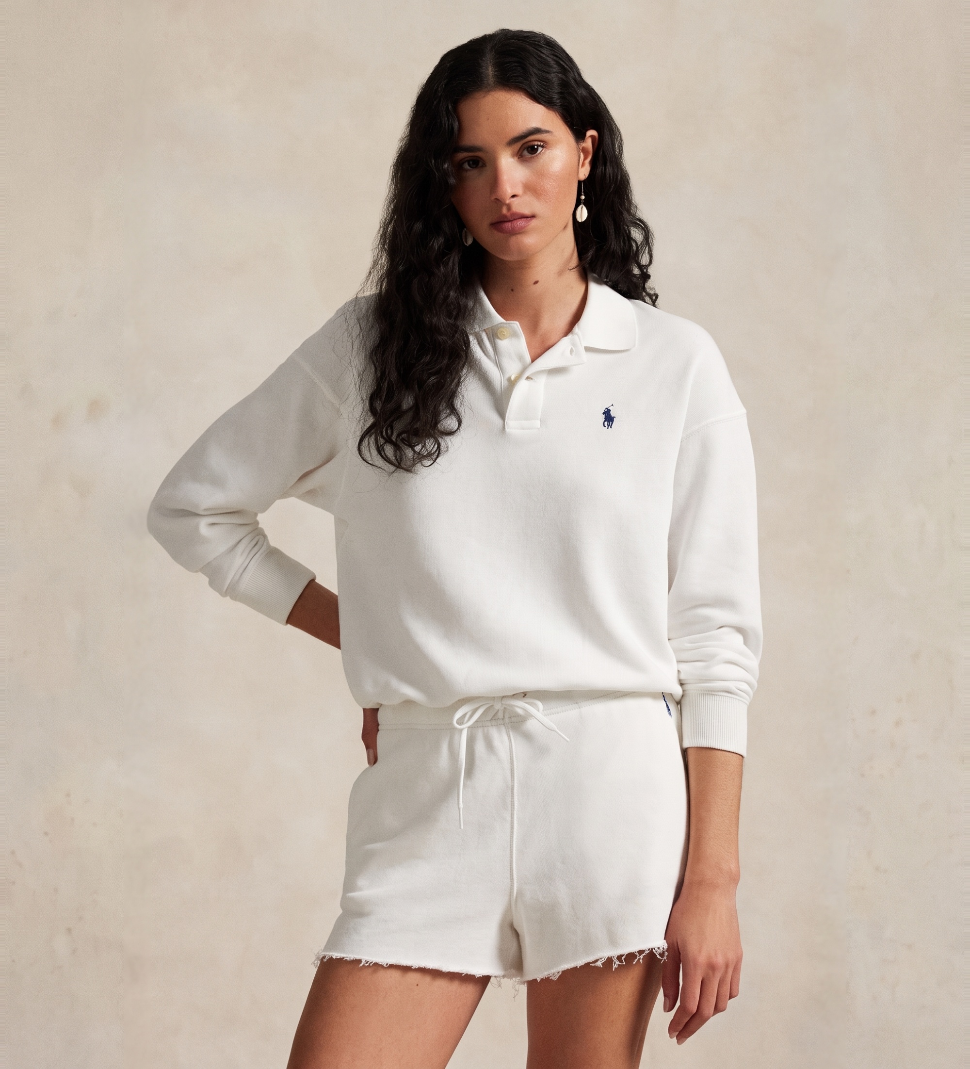 Polo Ralph Lauren für Damen. 211965097002 Weißes Poloshirt aus leichtem Frottee (M), Lässig, Baumwolle, Langarm