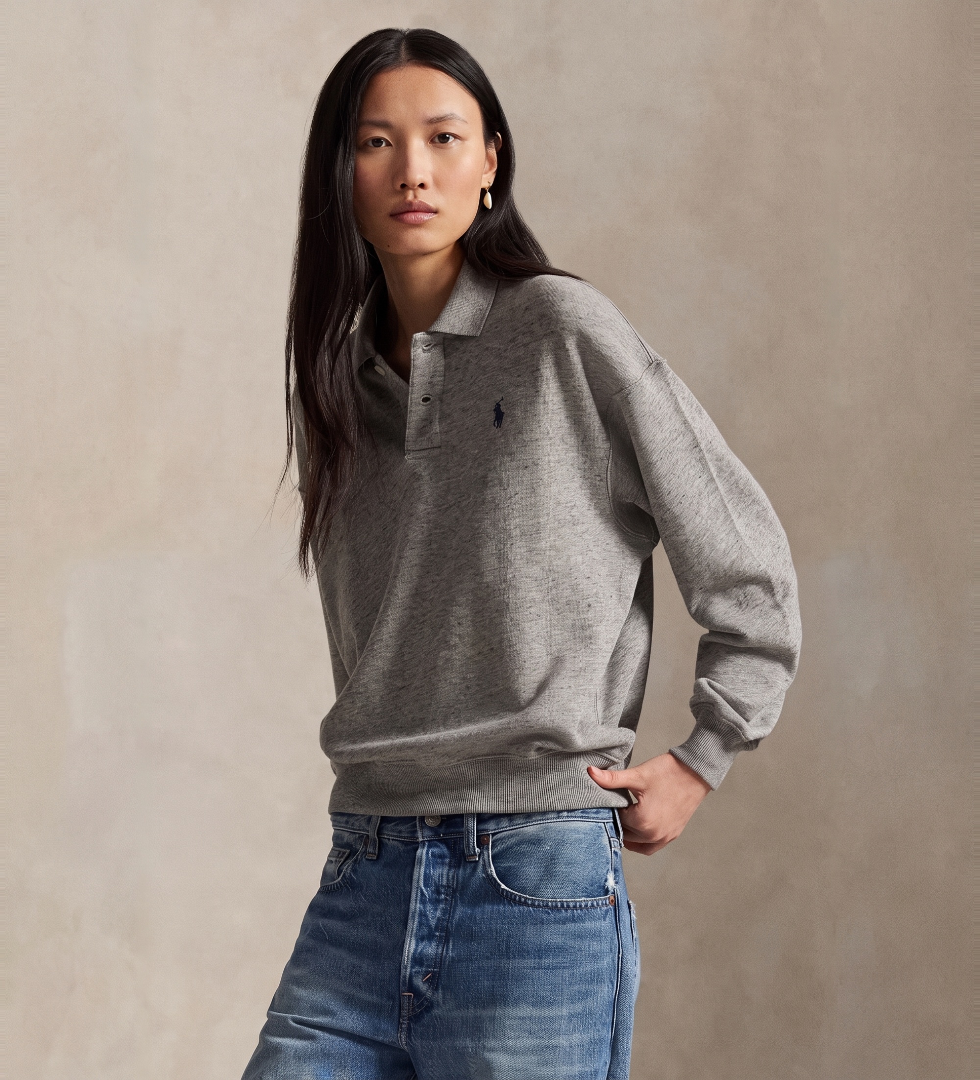 Polo Ralph Lauren für Damen. 211965097004 Poloshirt aus leichtem grauem Frottee (L), Lässig, Baumwolle, Langarm
