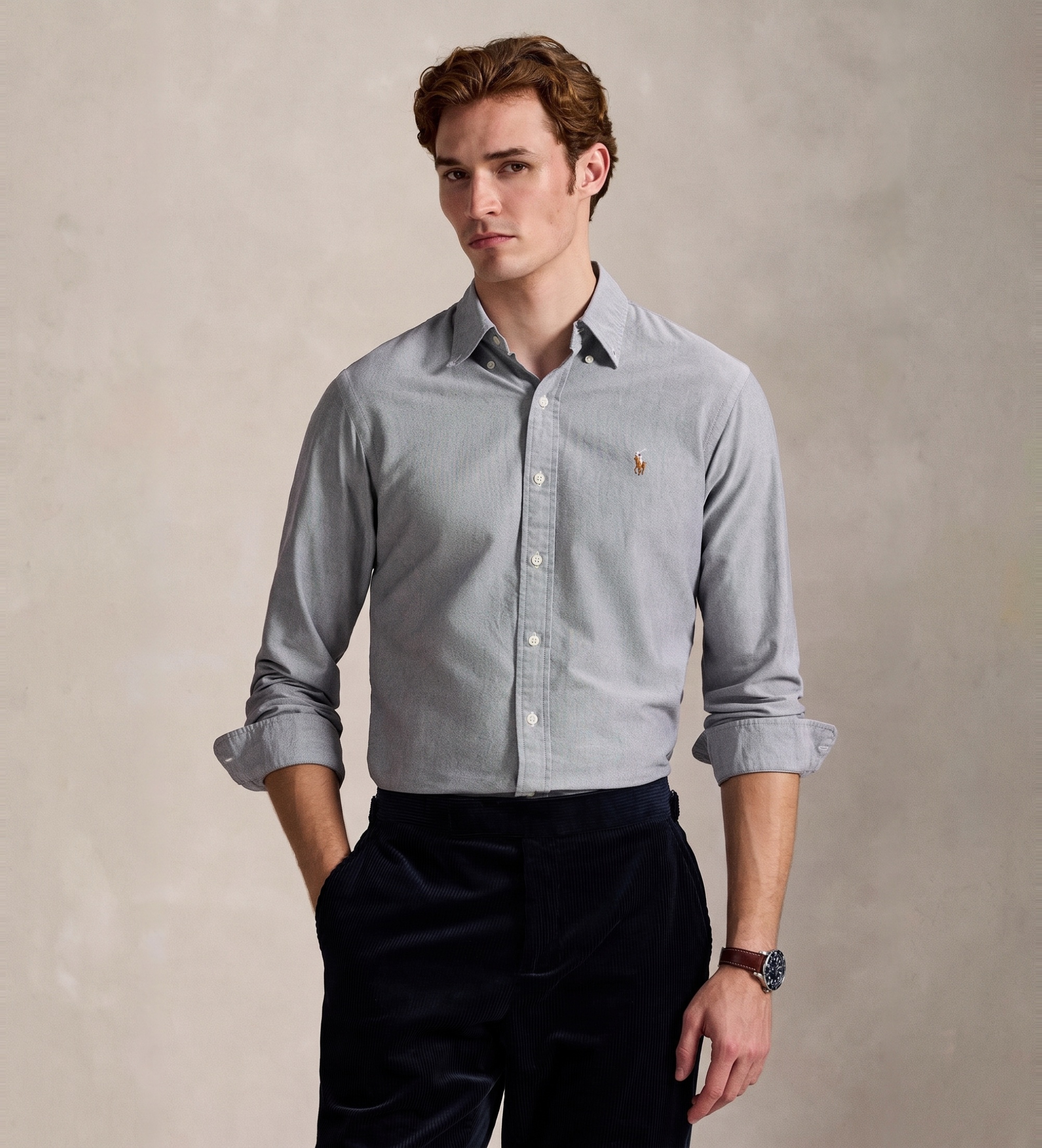 Polo Ralph Lauren für Herren. 710805562017 Das ikonische graue Oxford-Hemd (L), Lässig, Baumwolle, Klassisch, Langarm