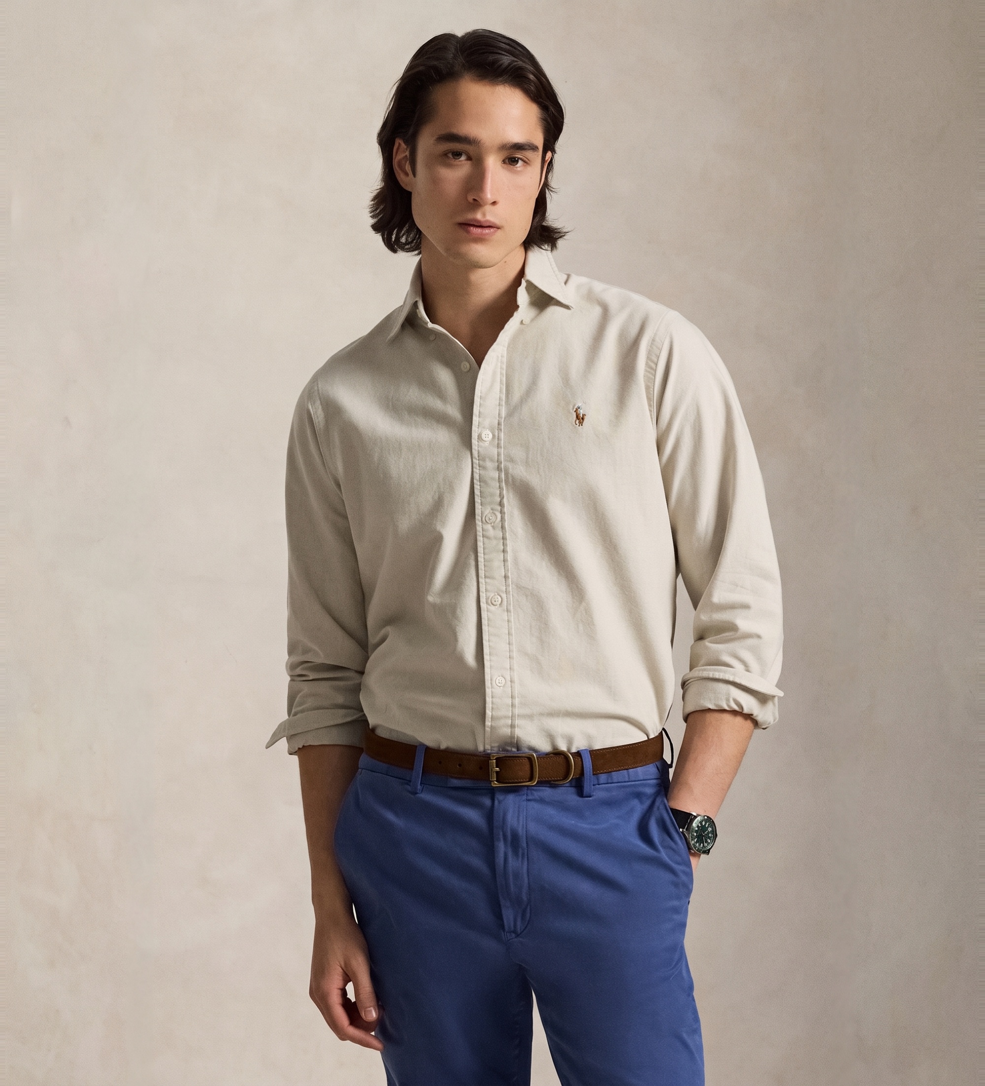 Polo Ralph Lauren für Herren. 710805562501 Das ikonische beige Oxford-Hemd (XS), Lässig, Baumwolle, Langarm
