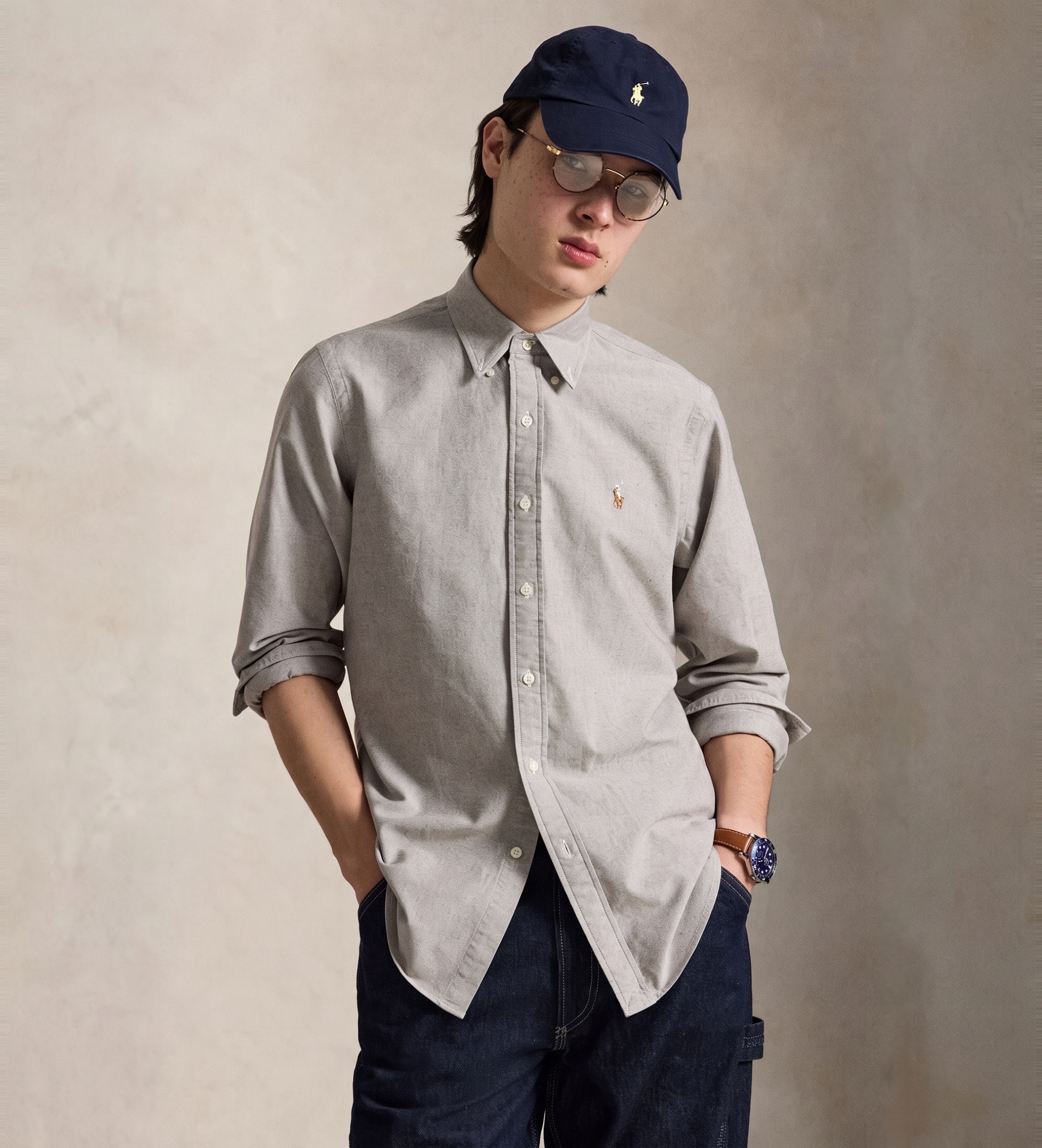 Polo Ralph Lauren für Herren. 710805562503 Das kultige taupefarbene Oxford-Hemd (L), Lässig, Baumwolle, Langarm