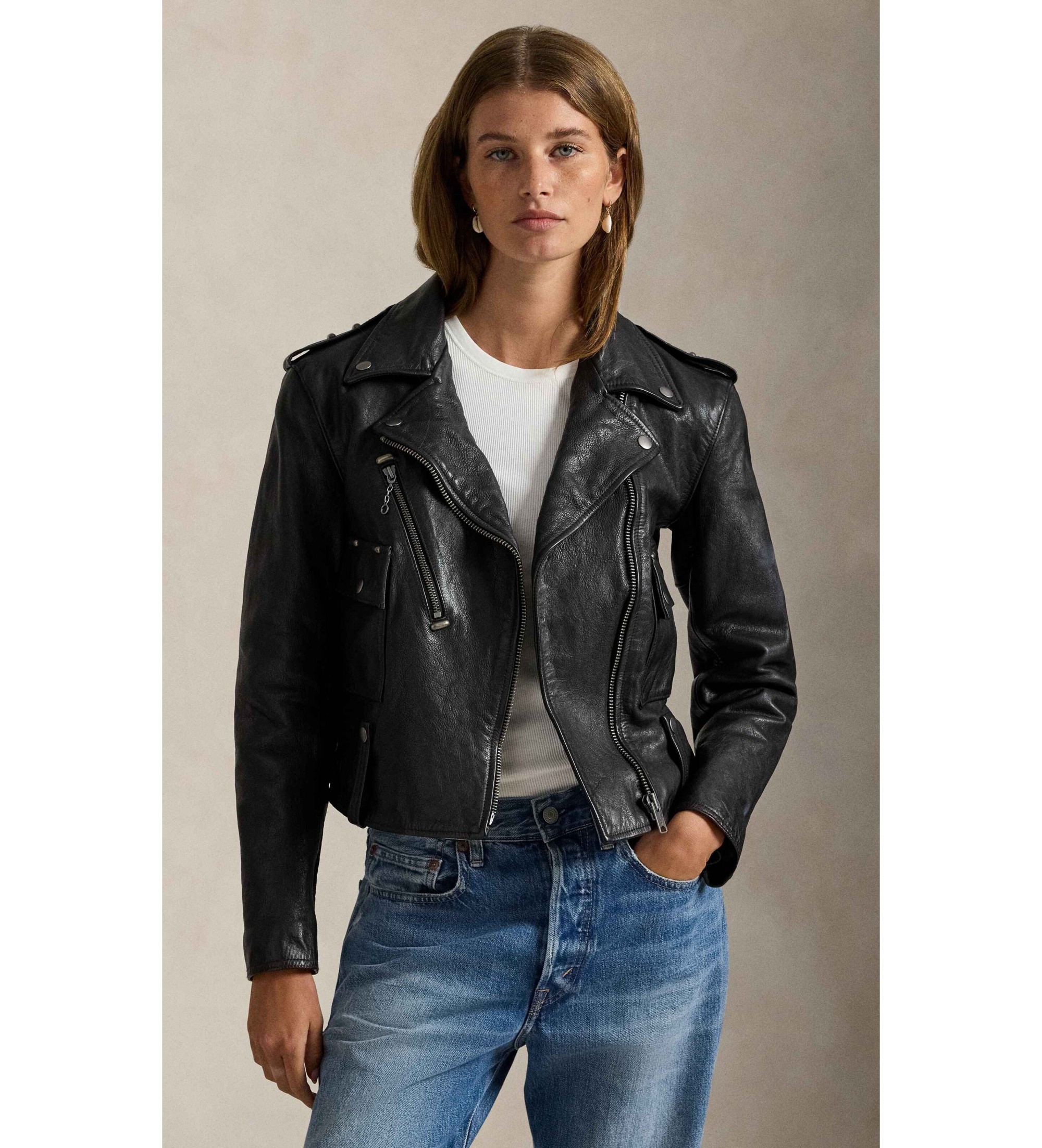 Polo Ralph Lauren für Damen. 211939939001 Eng anliegende Lederjacke schwarz (M), Lässig