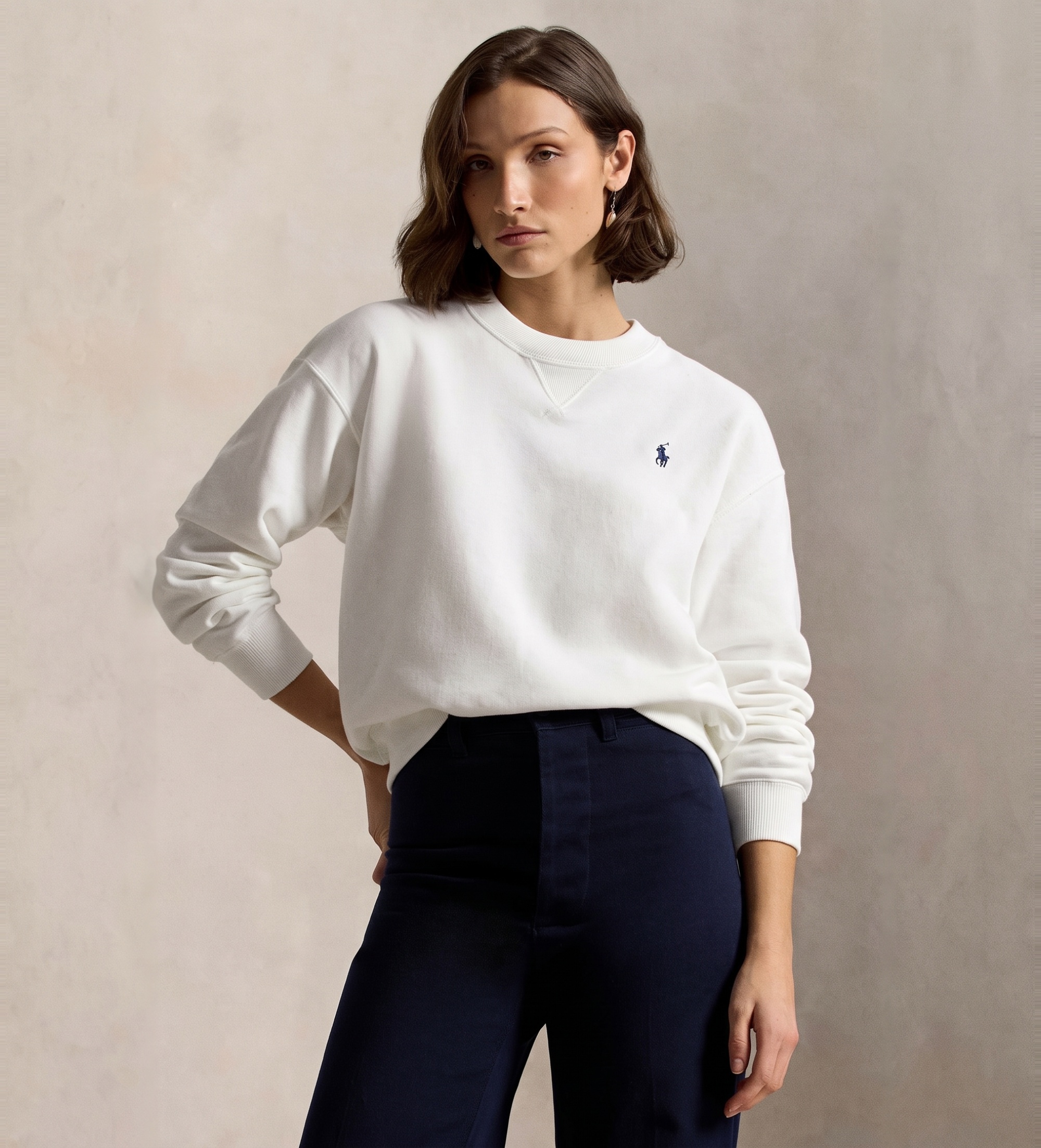 Polo Ralph Lauren für Damen. 211971690002 Weißes Sweatshirt aus Fleece mit Rundhalsausschnitt (S), Lässig, Baumwolle, Langarm