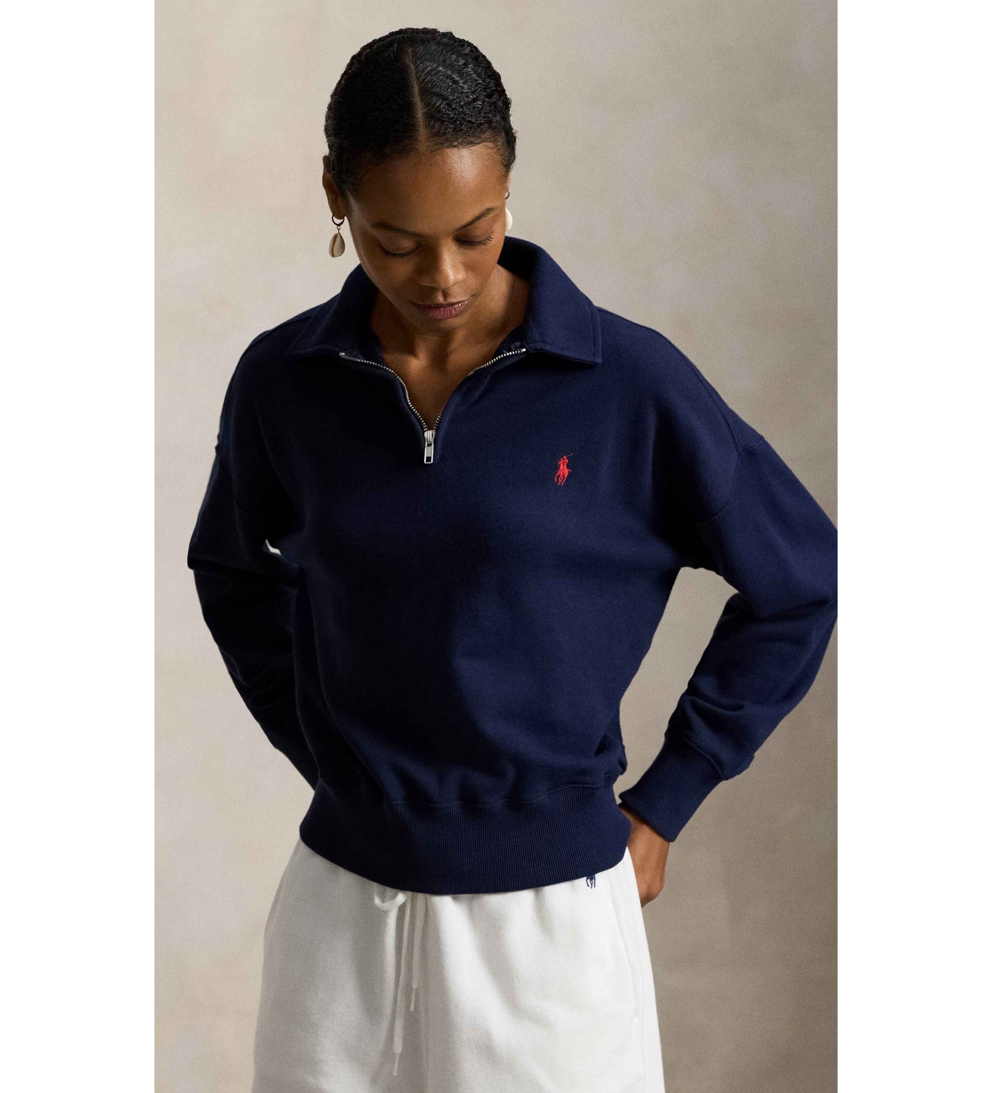 Polo Ralph Lauren für Damen. 211B18686003 Leichter Fleece-Pullover mit marinefarbenem Reißverschluss (M), Lässig, Baumwolle