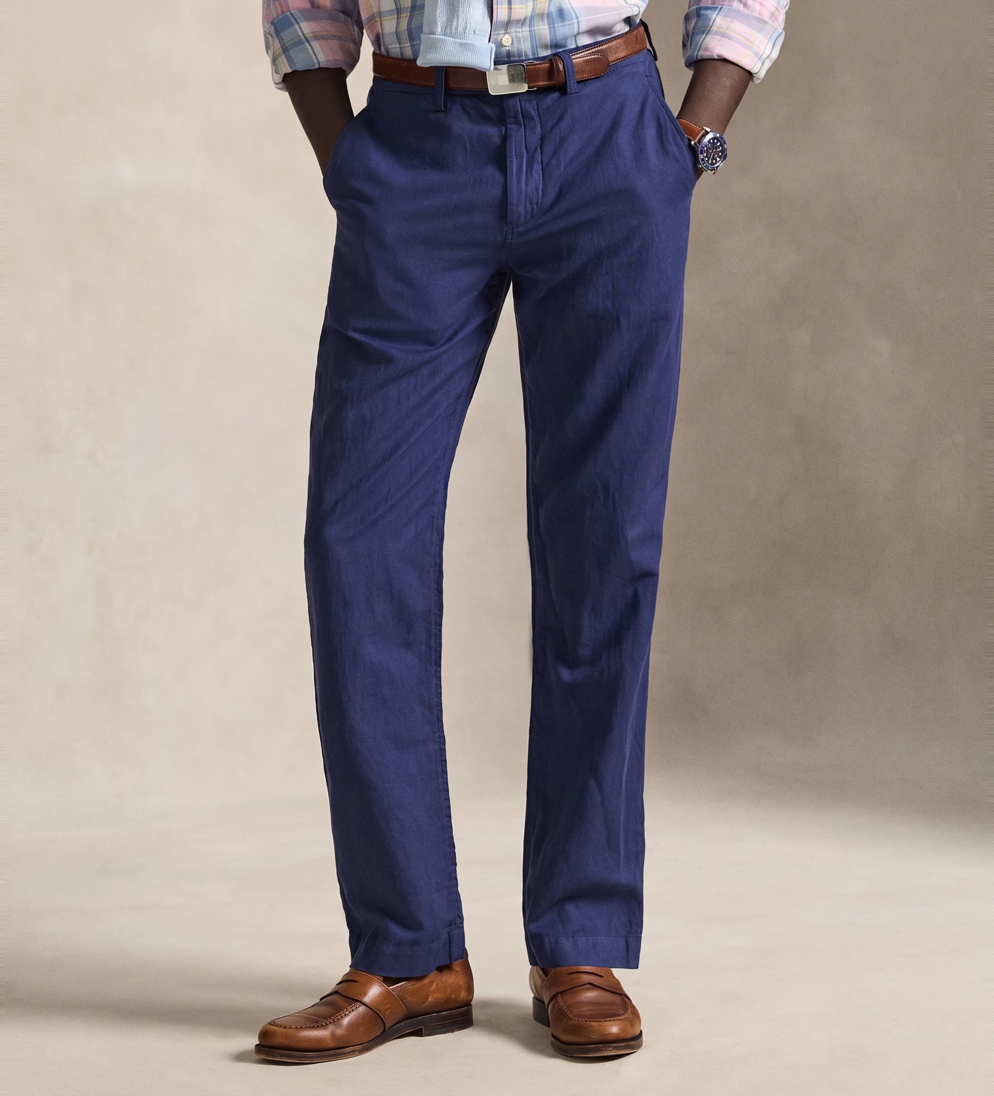 Polo Ralph Lauren für Herren. 710A13235006 Marineblaue Classic-Fit-Hose aus Baumwolle und Leinen (33/34), Lässig