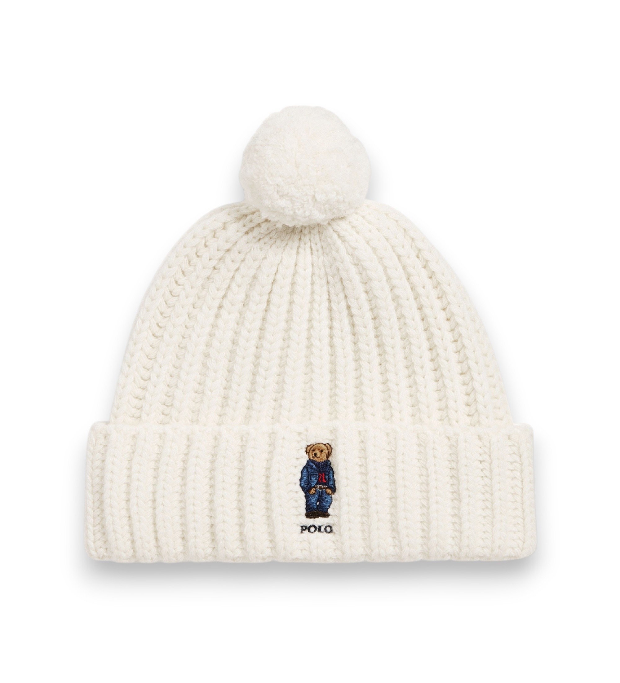 Polo Ralph Lauren für Damen. 455931876001 Rippstrickmütze mit Polo Bear und cremefarbenem Bommel (OSFA), Weiß, Lässig, Wolle