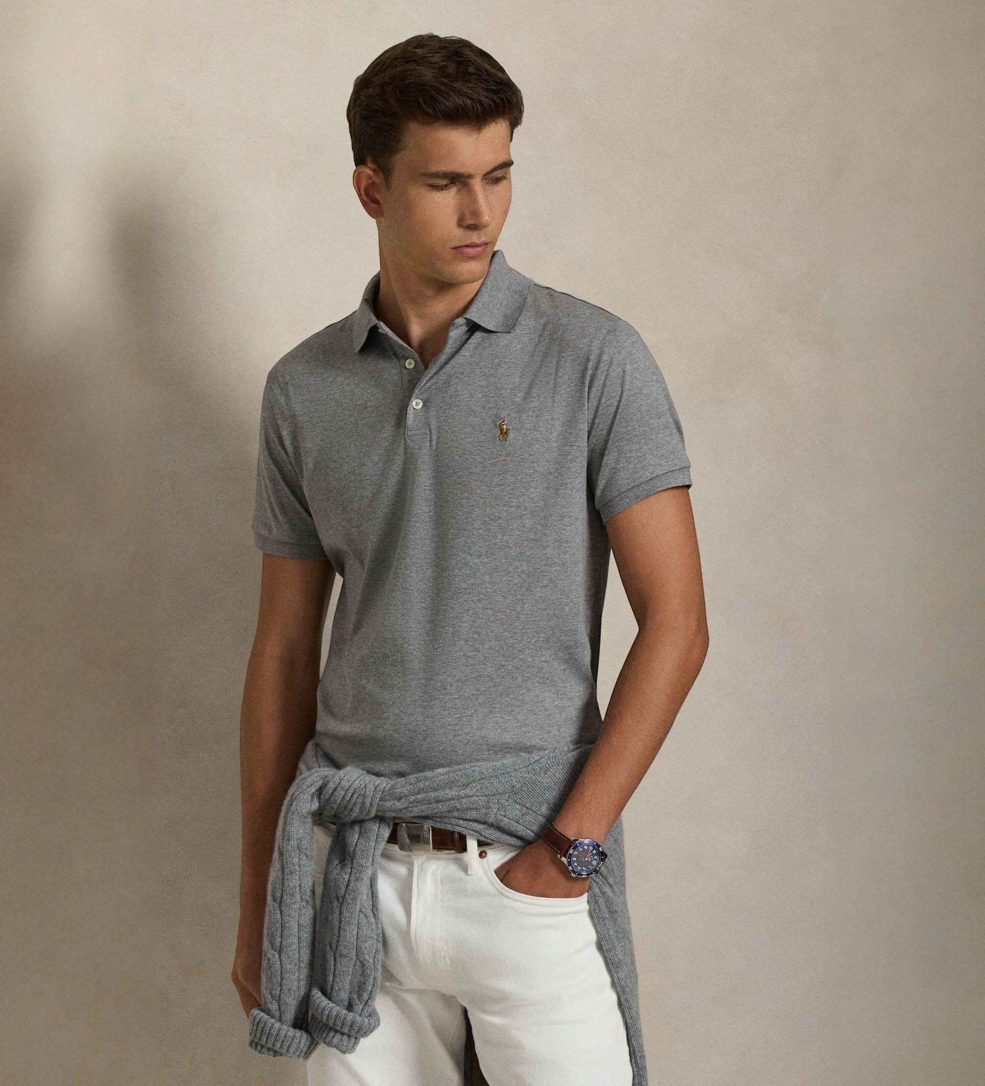 Polo Ralph Lauren für Herren. 710713130007 Custom Slim Fit Poloshirt aus weicher Baumwolle grau (M), Lässig, Kurzarm