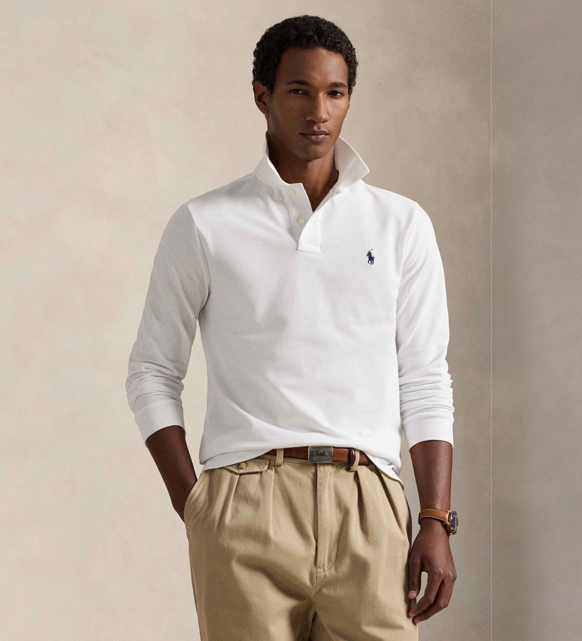Polo Ralph Lauren für Herren. 710680790001 Custom Slim Fit Pique-Poloshirt weiß (M), Lässig, Baumwolle, Langarm