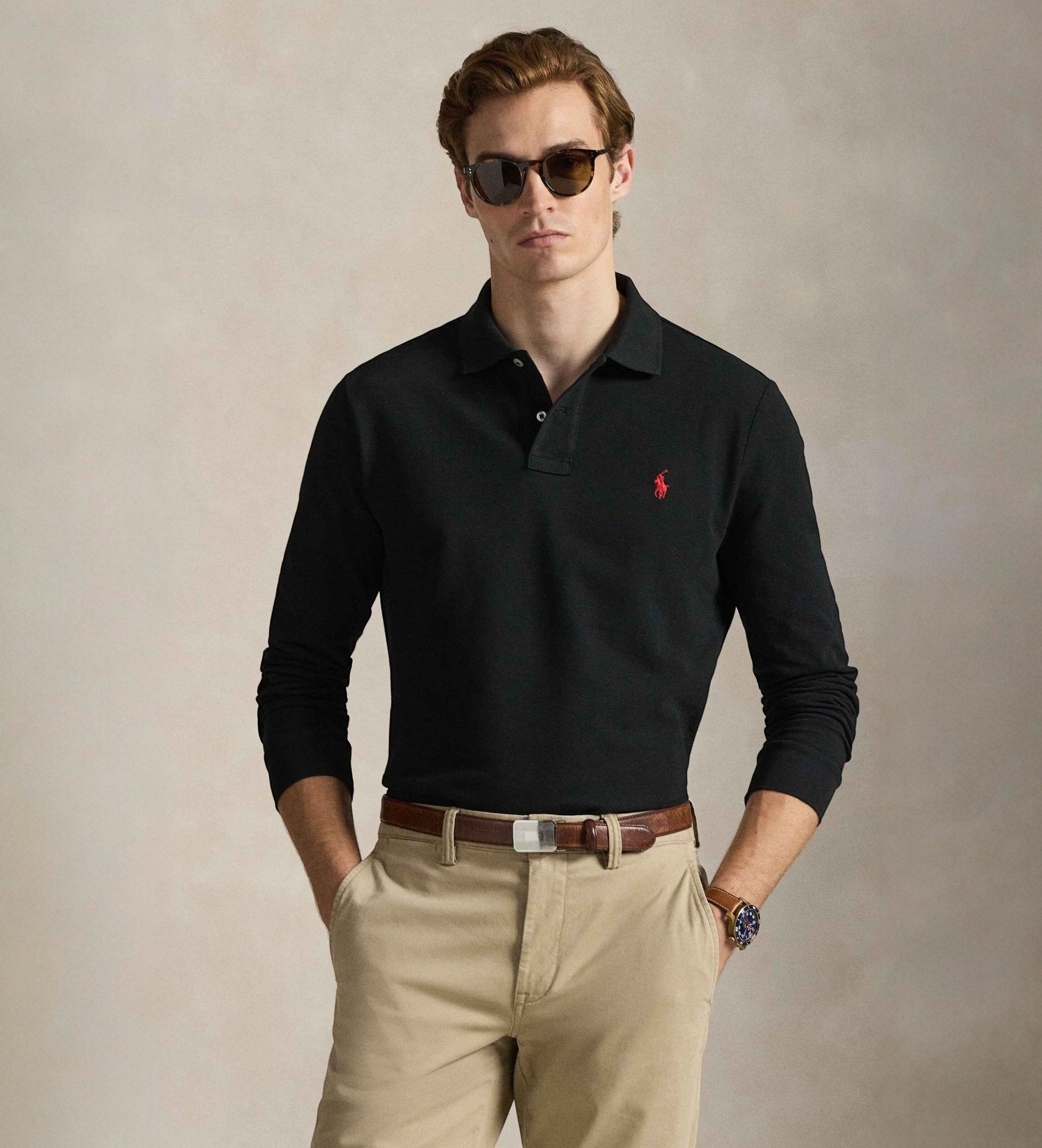 Polo Ralph Lauren für Herren. 710680790045 Custom Slim Fit Pique-Poloshirt schwarz (L), Lässig, Baumwolle, Langarm