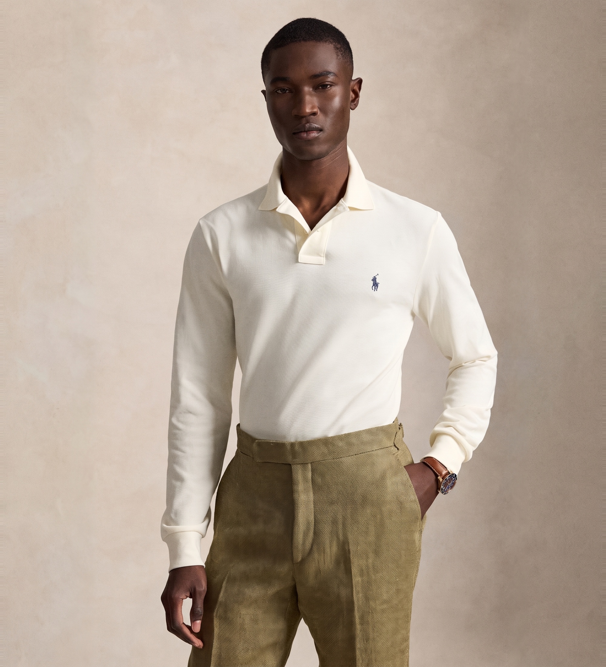 Polo Ralph Lauren für Herren. 710680790137 Polohemd aus Piqué in Custom-Slim-Fit in Gebrochenes Weiß (S), Lässig, Baumwolle, Langarm