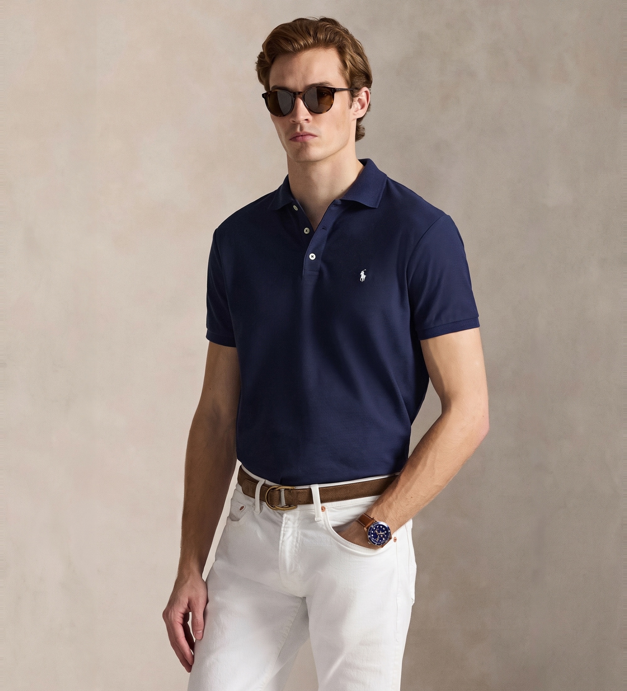 Polo Ralph Lauren für Herren. 710B13479005 Kundenspezifisches Slim Fit marinefarbenes Pique-Poloshirt (XL), Lässig, Baumwolle, Kurzarm