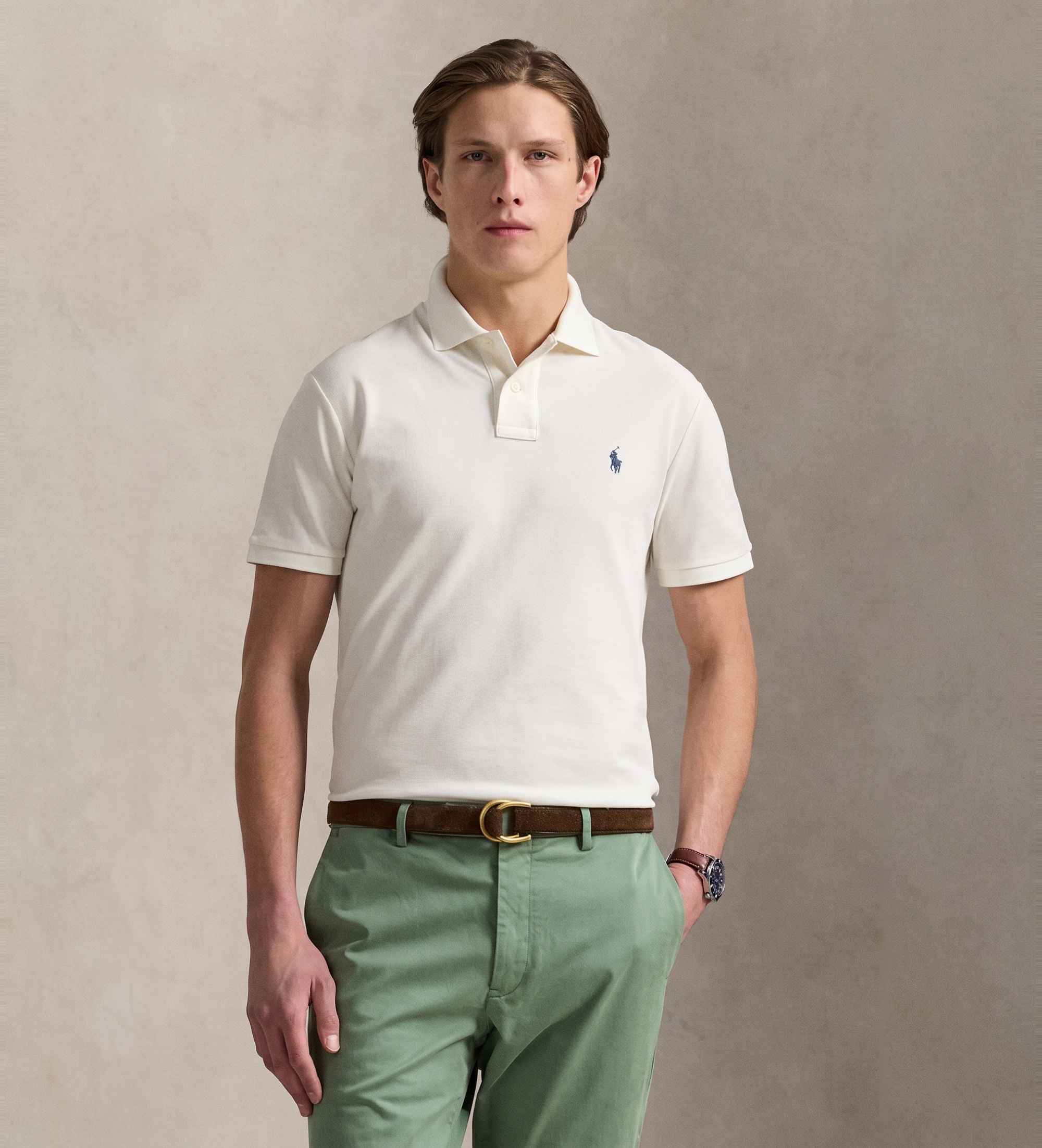 Polo Ralph Lauren für Herren. 710536856464 Slim Fit Poloshirt aus Piqué in Cremeweiß (L), Lässig, Baumwolle, Kurzarm