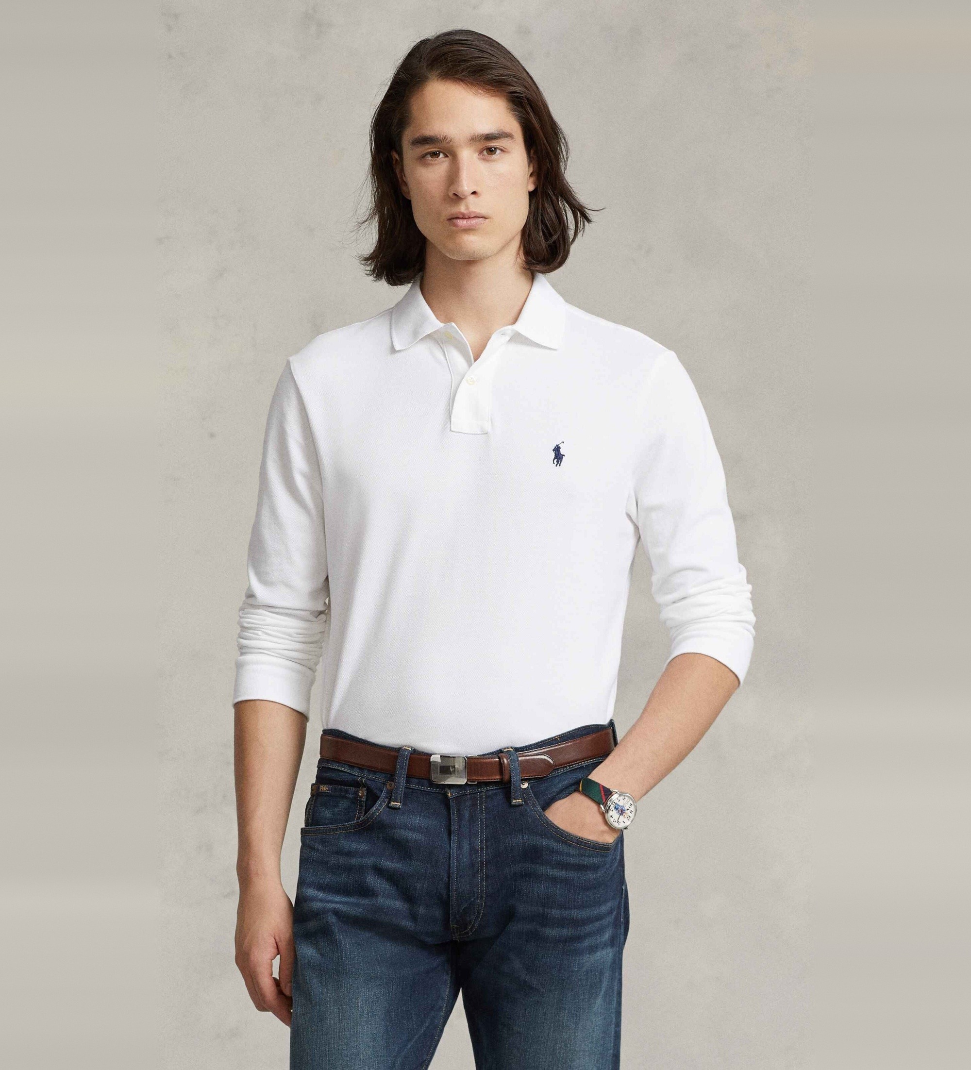 Polo Ralph Lauren für Herren. 710681126001 Langärmeliges weißes Slim Fit Piqué-Poloshirt, weiß (M), Lässig, Baumwolle, Langarm
