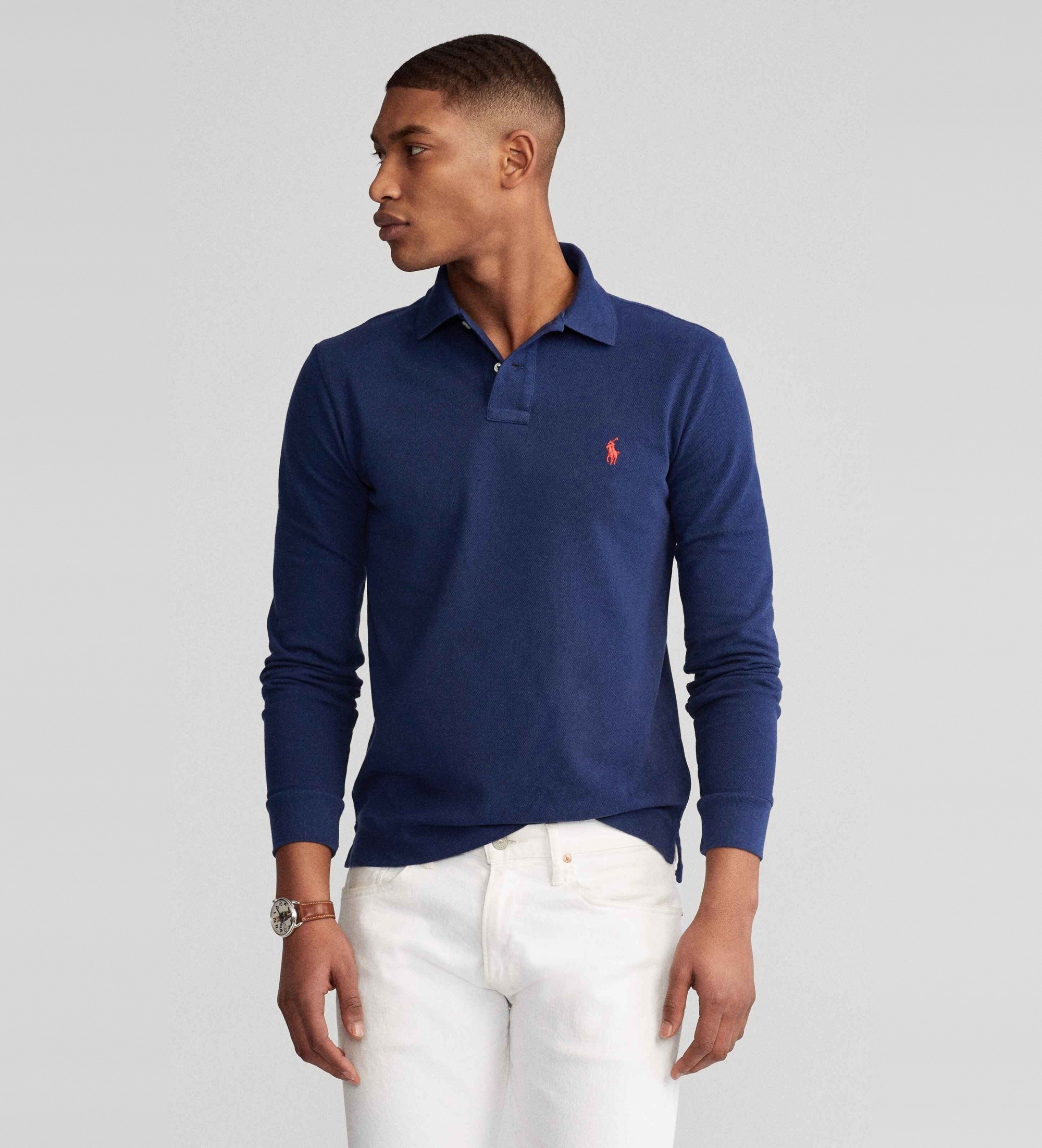 Polo Ralph Laurenvoor mannen. 710681126038 Slim fit piqué poloshirt lange mouw marine (XS), Casual, Katoen, Lange mouwen, Marineblauw