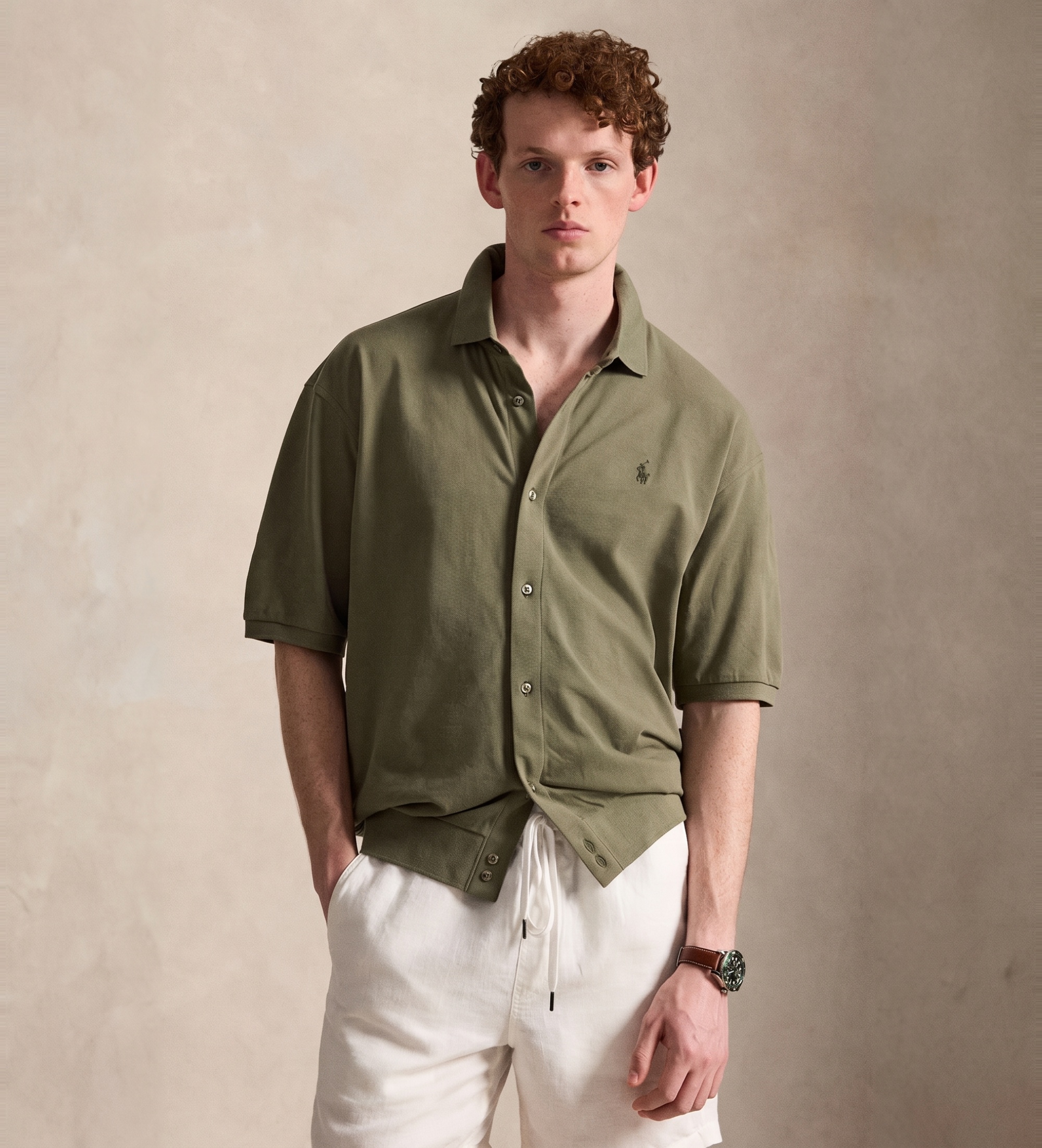 Polo Ralph Laurenvoor mannen. 710B18514001 Relaxed katoenen shirt groen (XXL), Casual, Lange mouwen