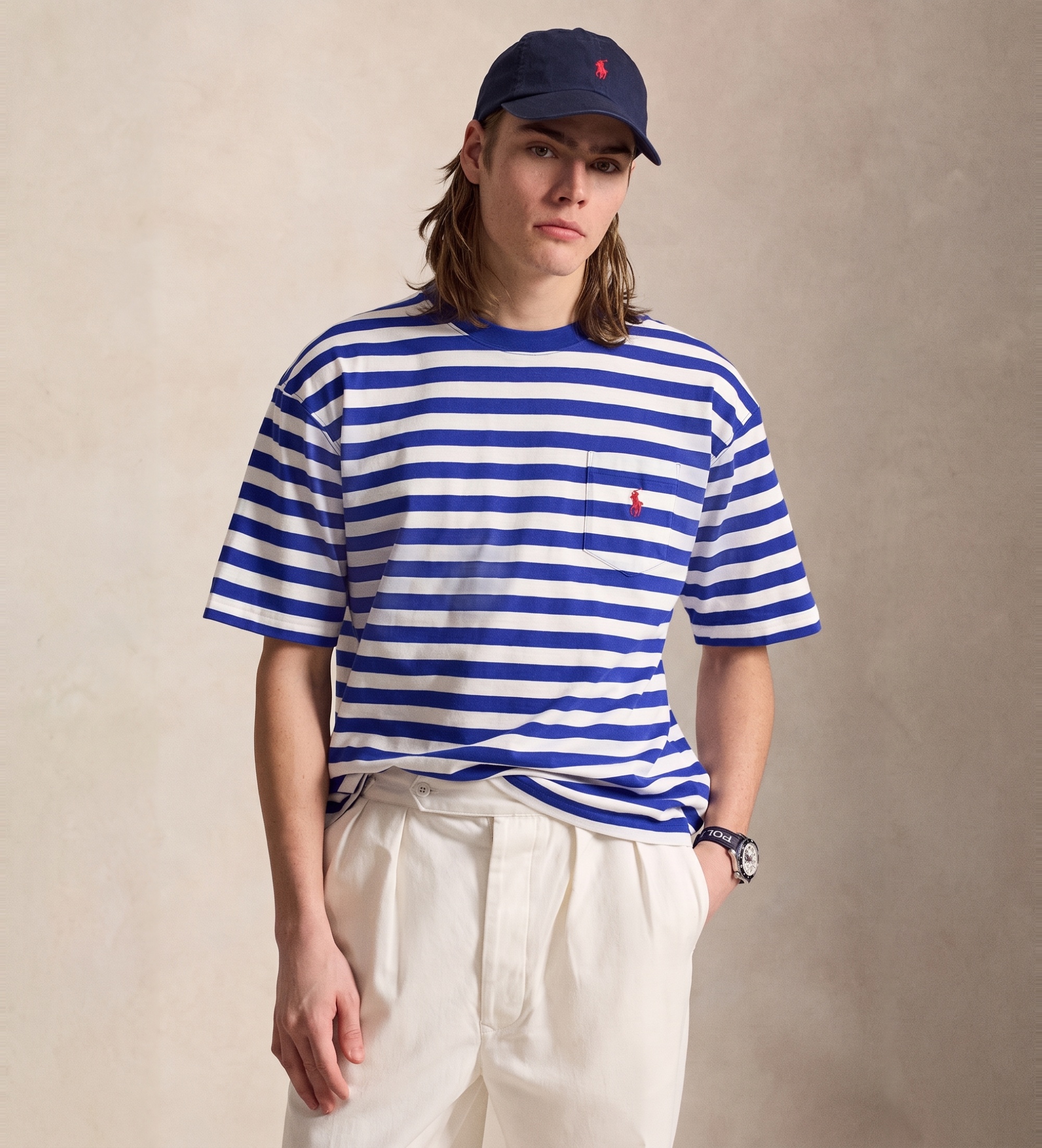 Polo Ralph Lauren für Herren. 710B19238001 Relaxed T-Shirt mit blauen Streifen (L), Lässig, Baumwolle, Kurzarm