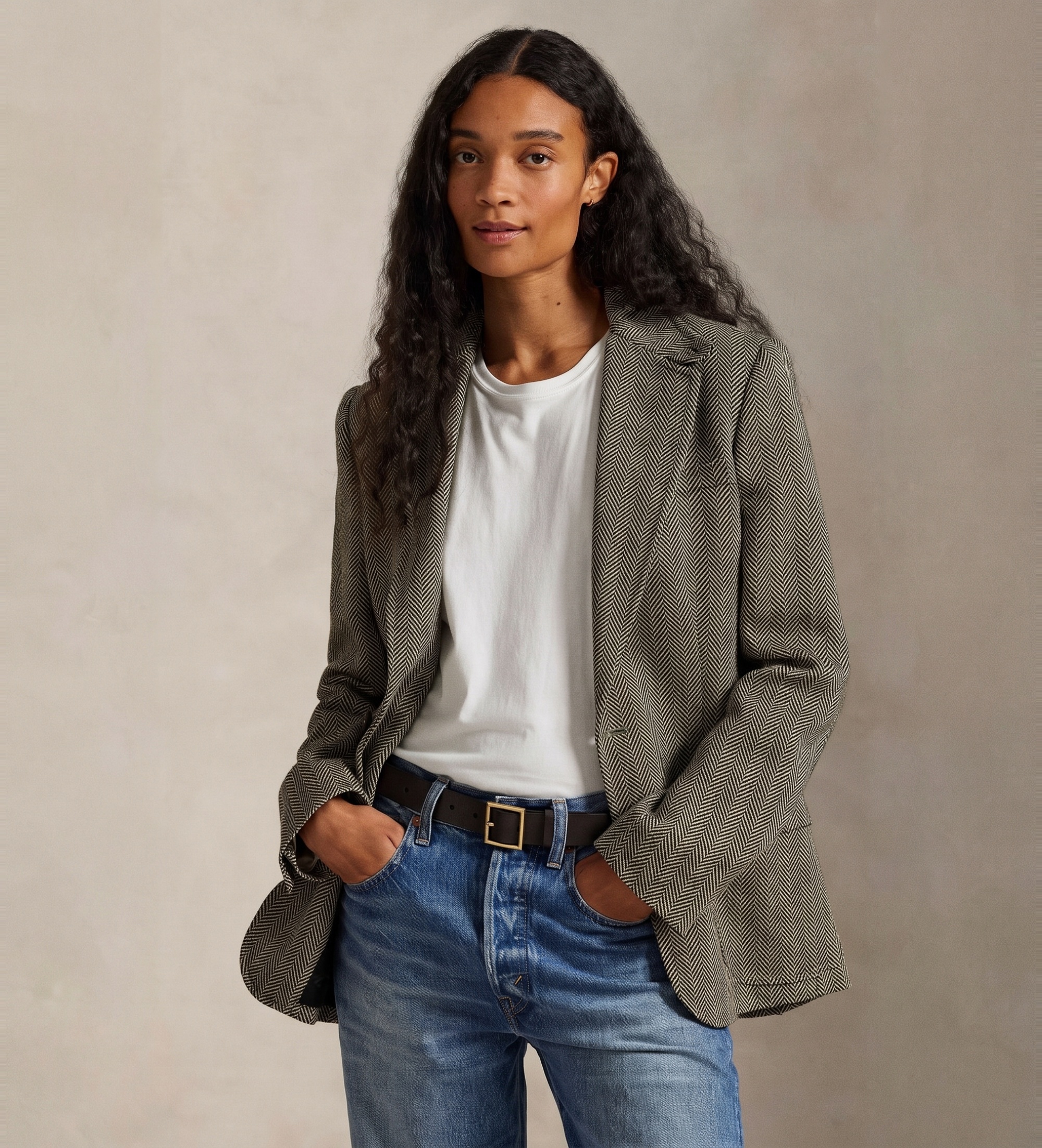 Polo Ralph Lauren für Damen. 211891070002 Einreihiger Blazer in Fischgrätmuster Fischgrätmuster grau-grün (32), Lässig, Leinen, Klassisch