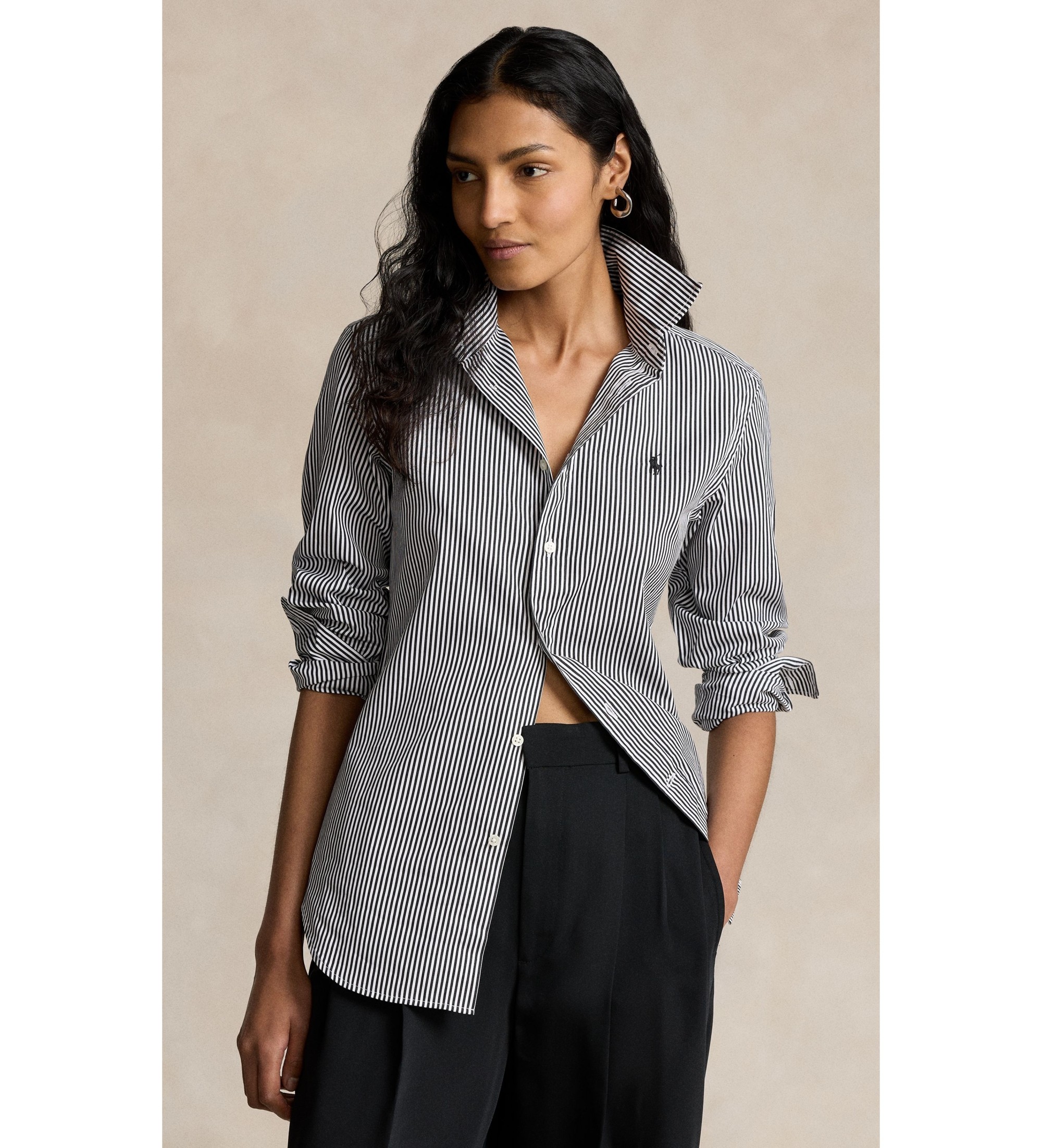 Polo Ralph Lauren für Damen. 211891379002 Slim Fit Hemd mit Streifen schwarz, weiß (46), Lässig, Baumwolle, Langarm