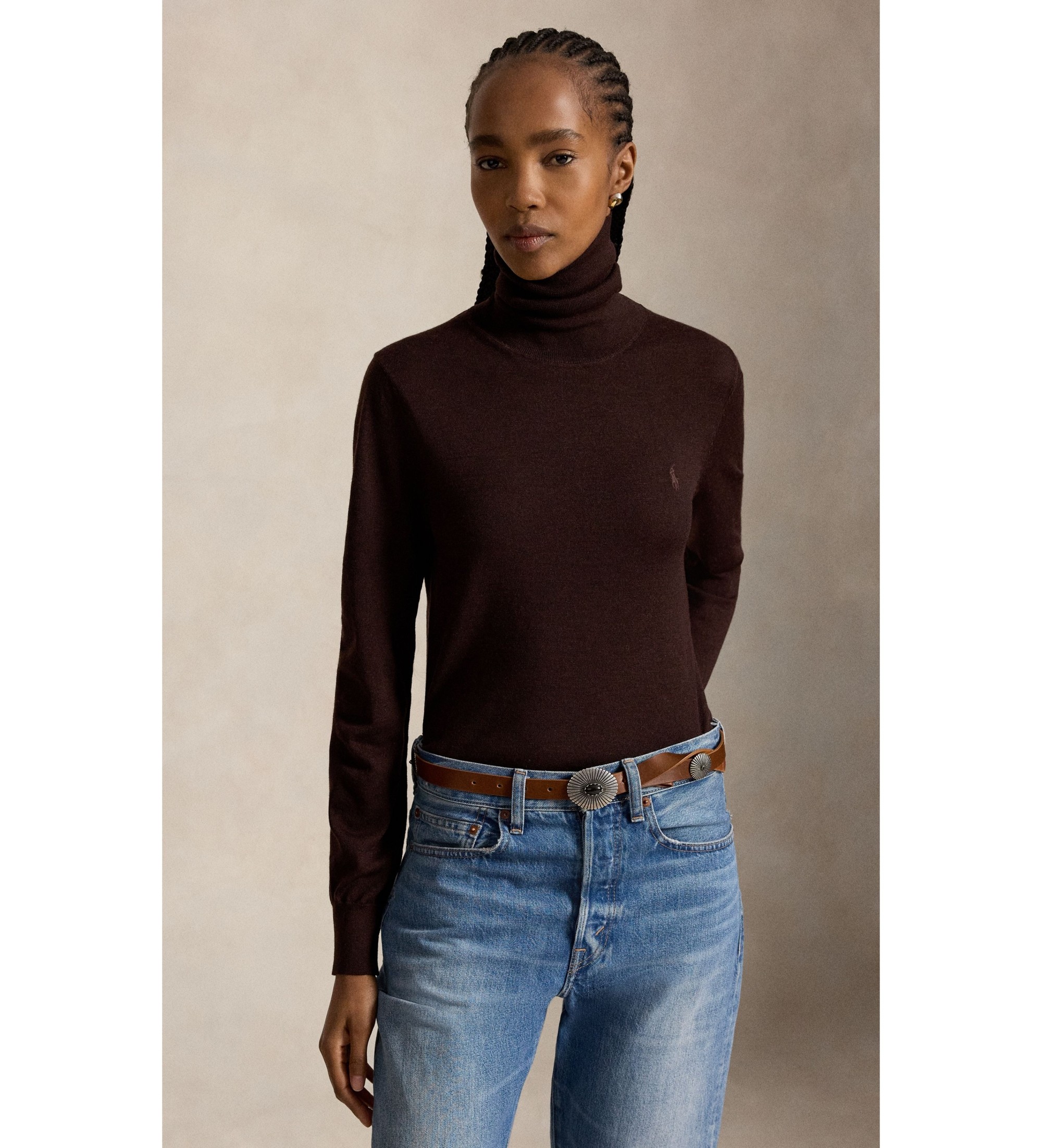 Polo Ralph Lauren für Damen. 211B17732001 Brauner Wollpullover mit Rollkragen (M), Lässig, Wolle, Langarm
