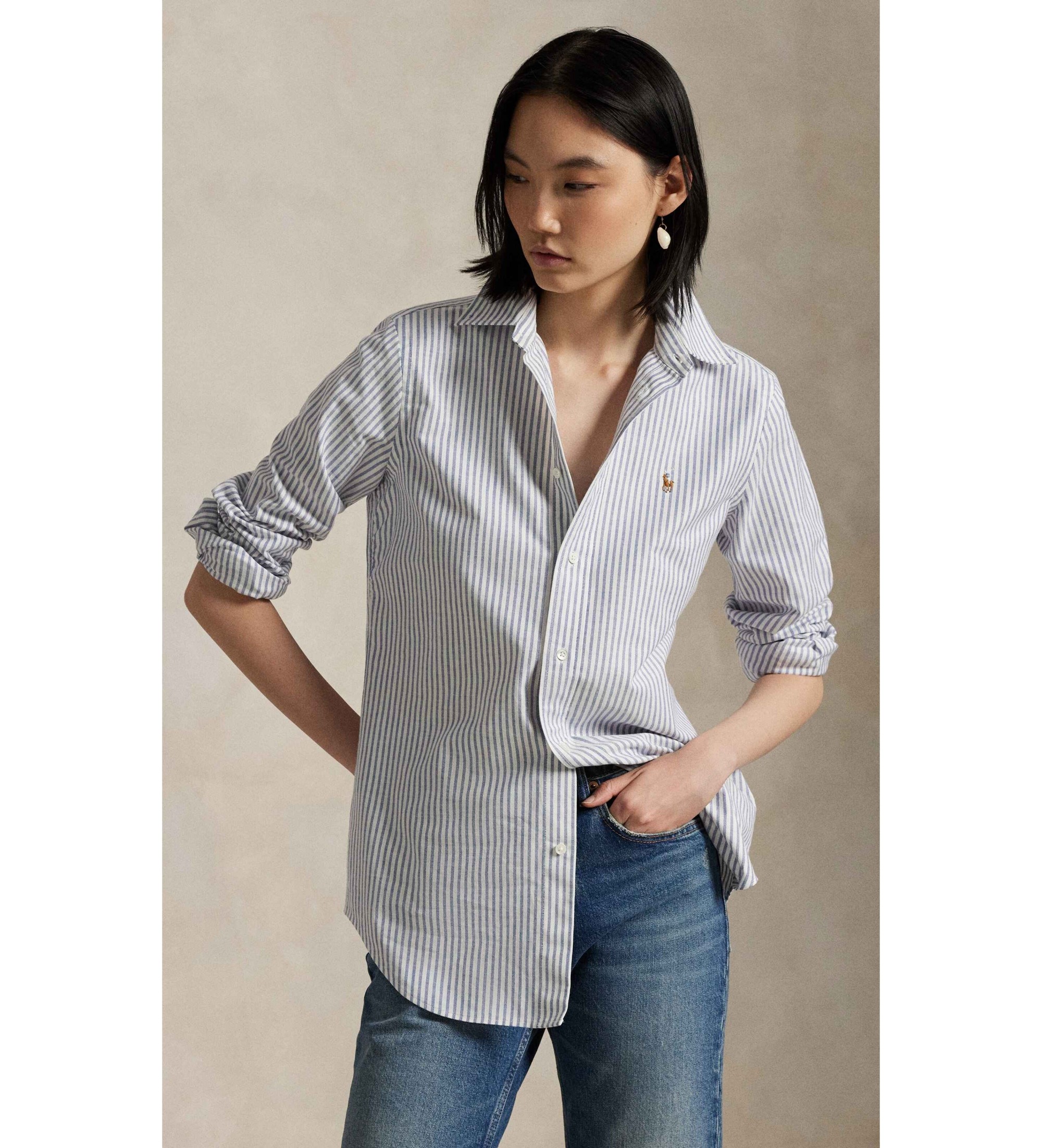 Polo Ralph Lauren für Damen. 211941508001 Slim Oxford-Hemd elastisch mit Streifen weiß, blau (36), Lässig, Baumwolle, Klassisch, Langarm