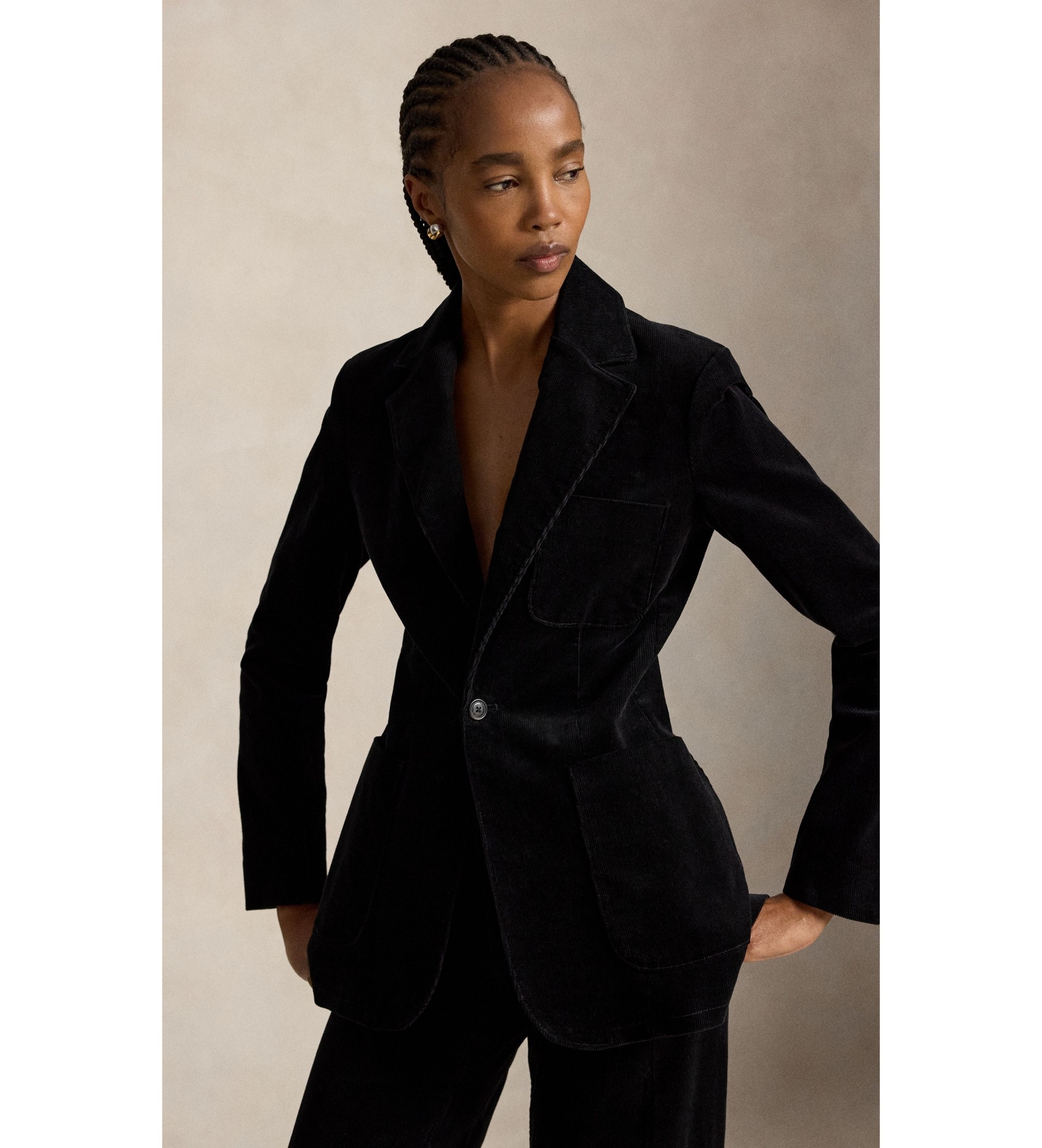 Polo Ralph Lauren für Damen. 211B17221001 Einreihiger Blazer aus schwarzem Cordsamt (40), Lässig, Baumwolle