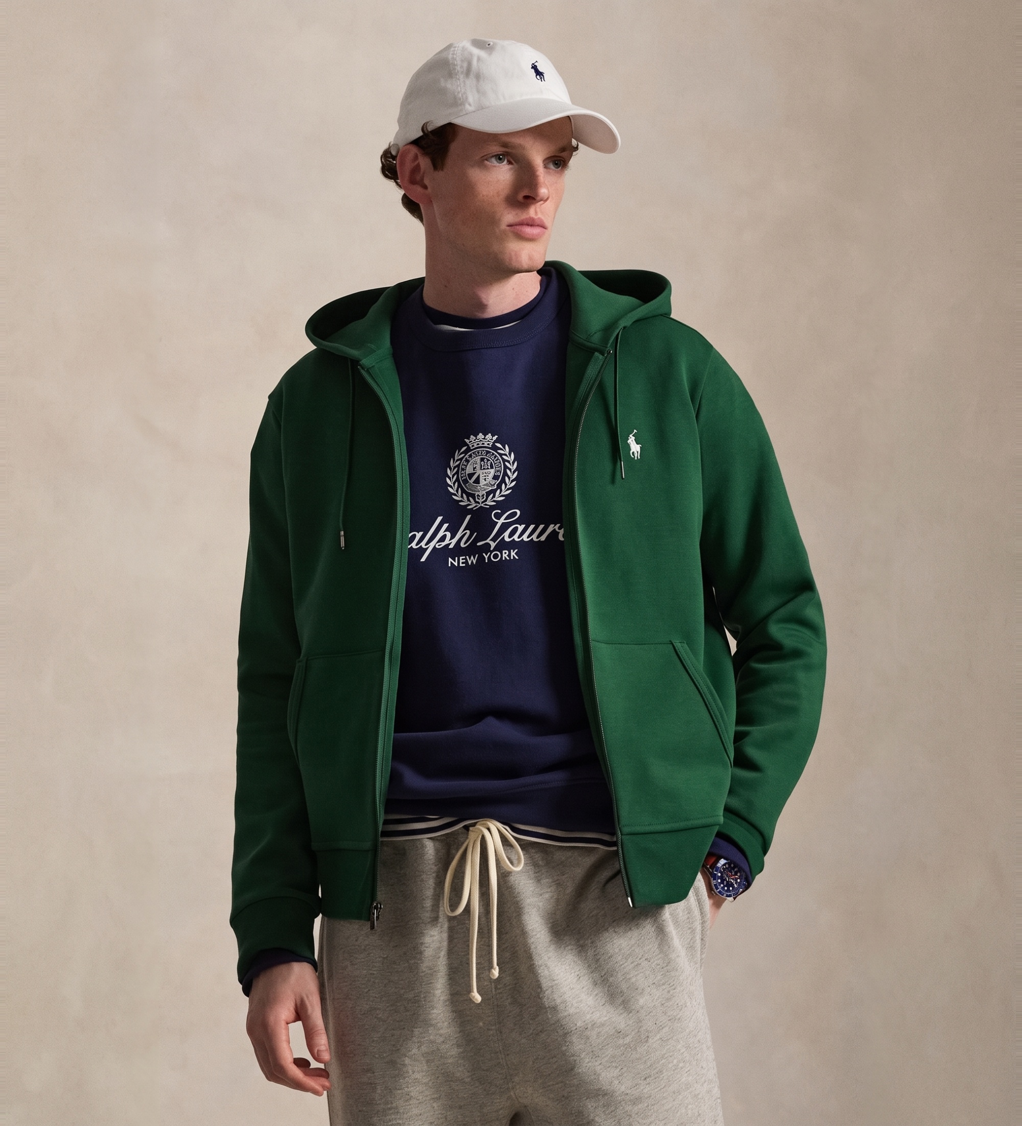 Polo Ralph Lauren für Herren. 710881517508 Sweatshirt aus Doppelstrick mit grünem Reißverschluss (M), Lässig, Baumwolle