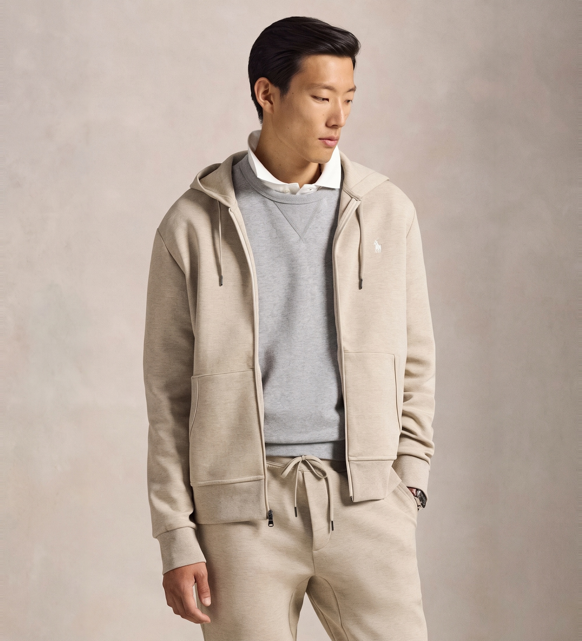 Polo Ralph Lauren für Herren. 710881517509 Doppelt gestricktes Sweatshirt mit beigem Reißverschluss (S), Lässig, Baumwolle