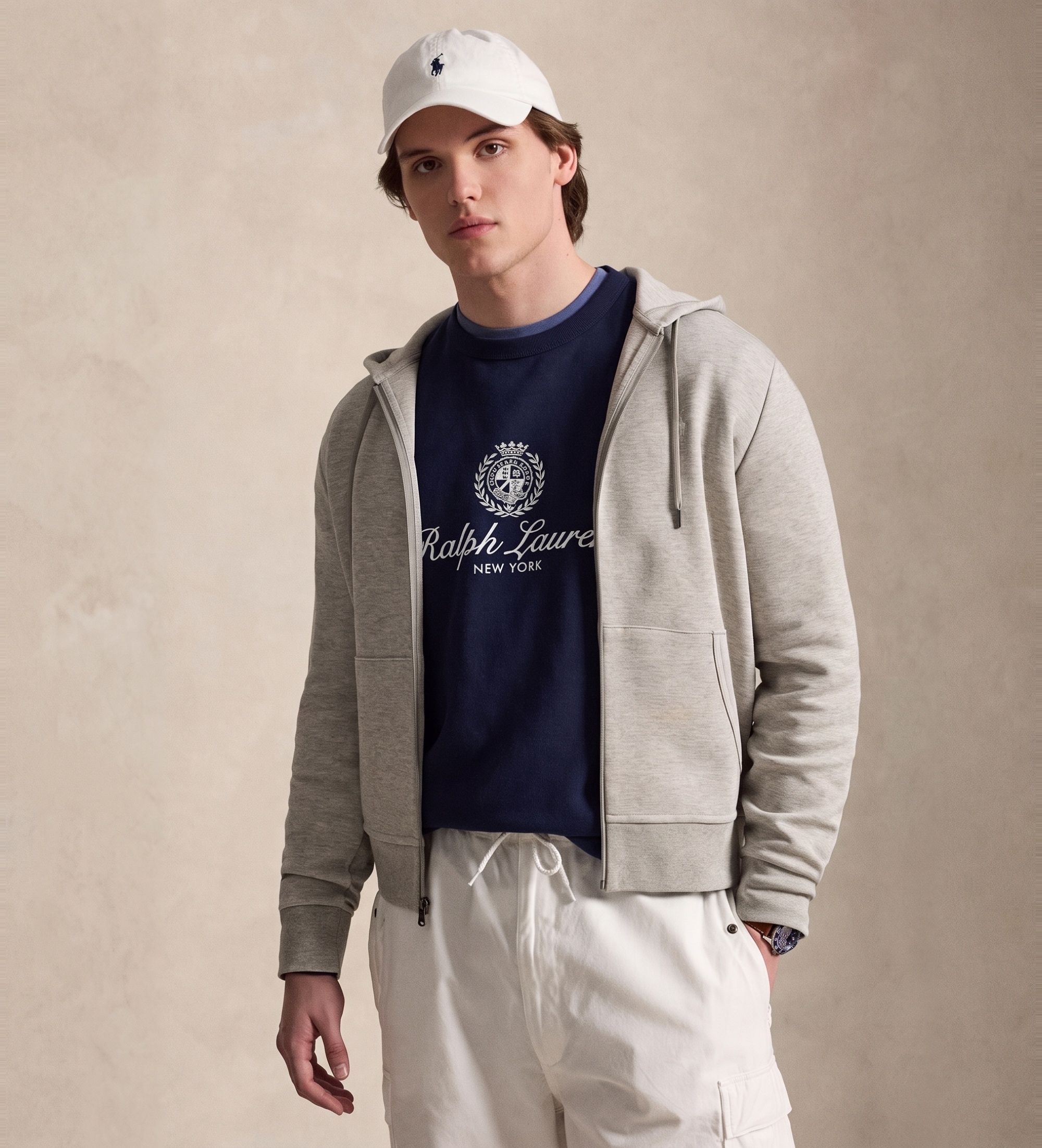 Polo Ralph Lauren für Herren. 710881517513 Grauer Sweater aus Doppelstrick mit Reißverschluss (L), Lässig, Baumwolle, Langarm