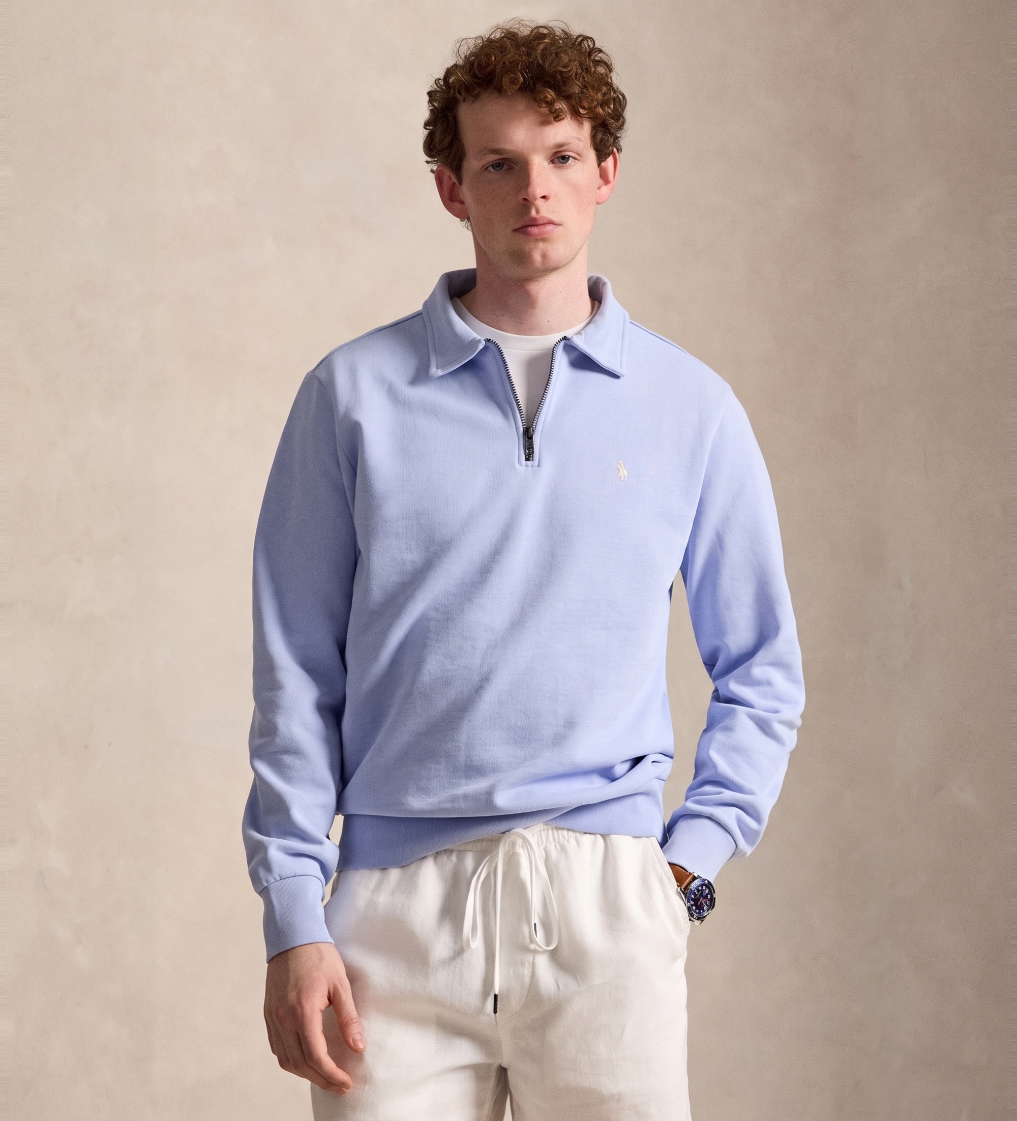 Polo Ralph Lauren für Herren. 710B18911001 Blaues Frottee-Sweatshirt mit kurzem Reißverschluss (M), Lässig, Baumwolle