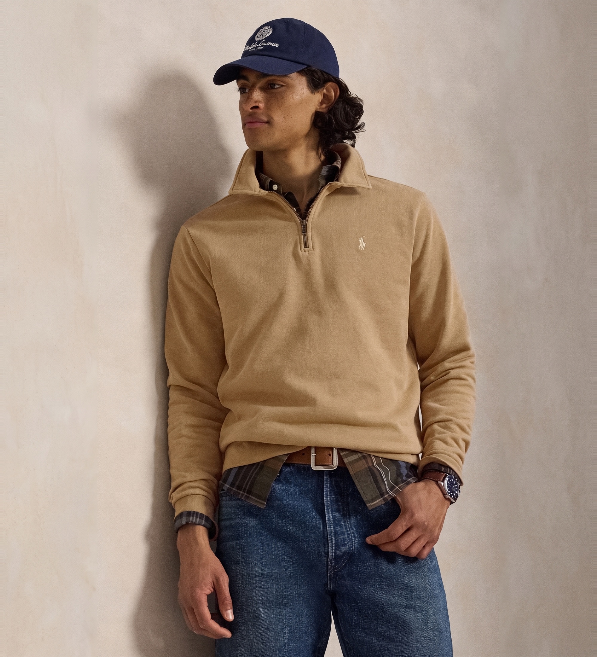 Polo Ralph Lauren für Herren. 710B18911003 Beigefarbenes Frottee-Sweatshirt mit kurzem Reißverschluss (XL), Lässig, Baumwolle