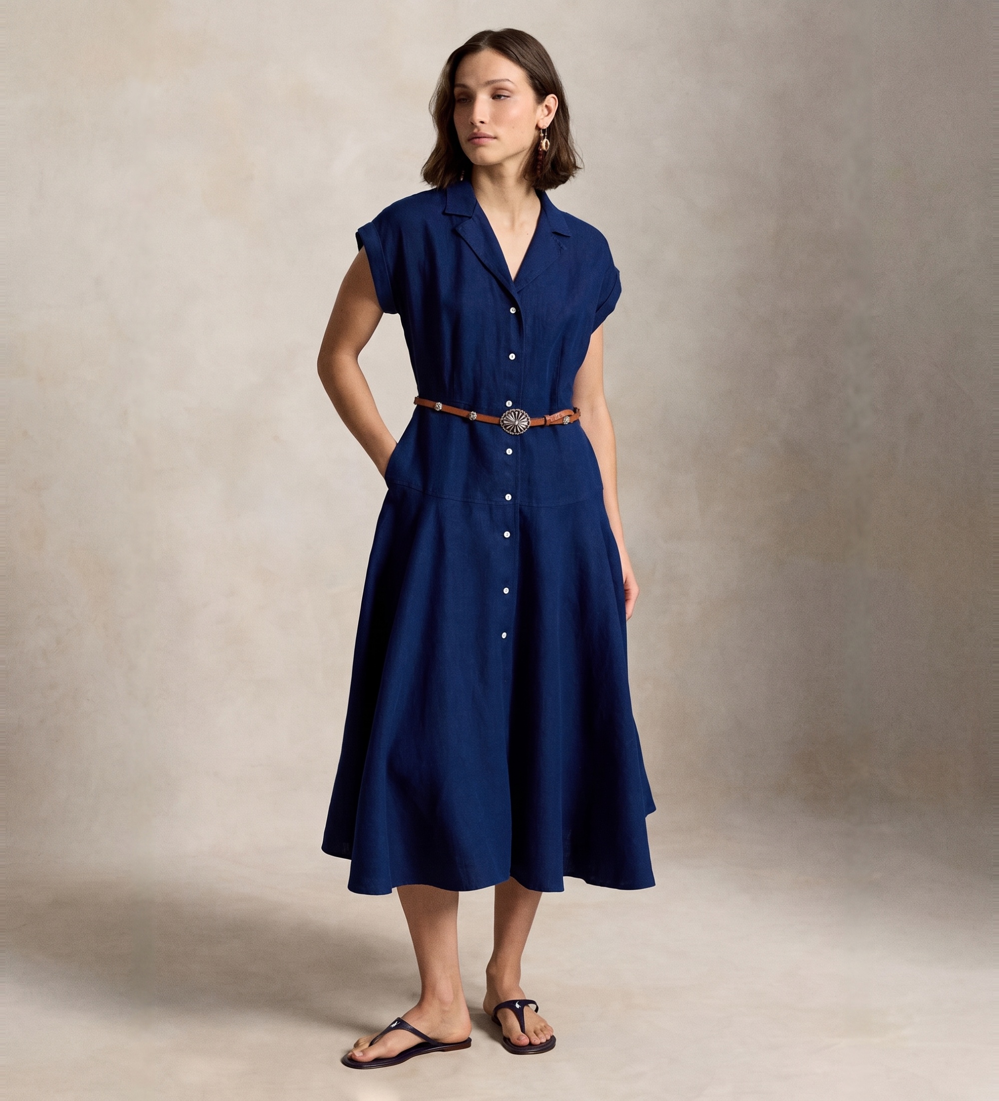 Polo Ralph Lauren für Damen. 211B22538002 Leinenhemdkleid mit kurzen Ärmeln marineblau (42), Lässig, Kurzarm