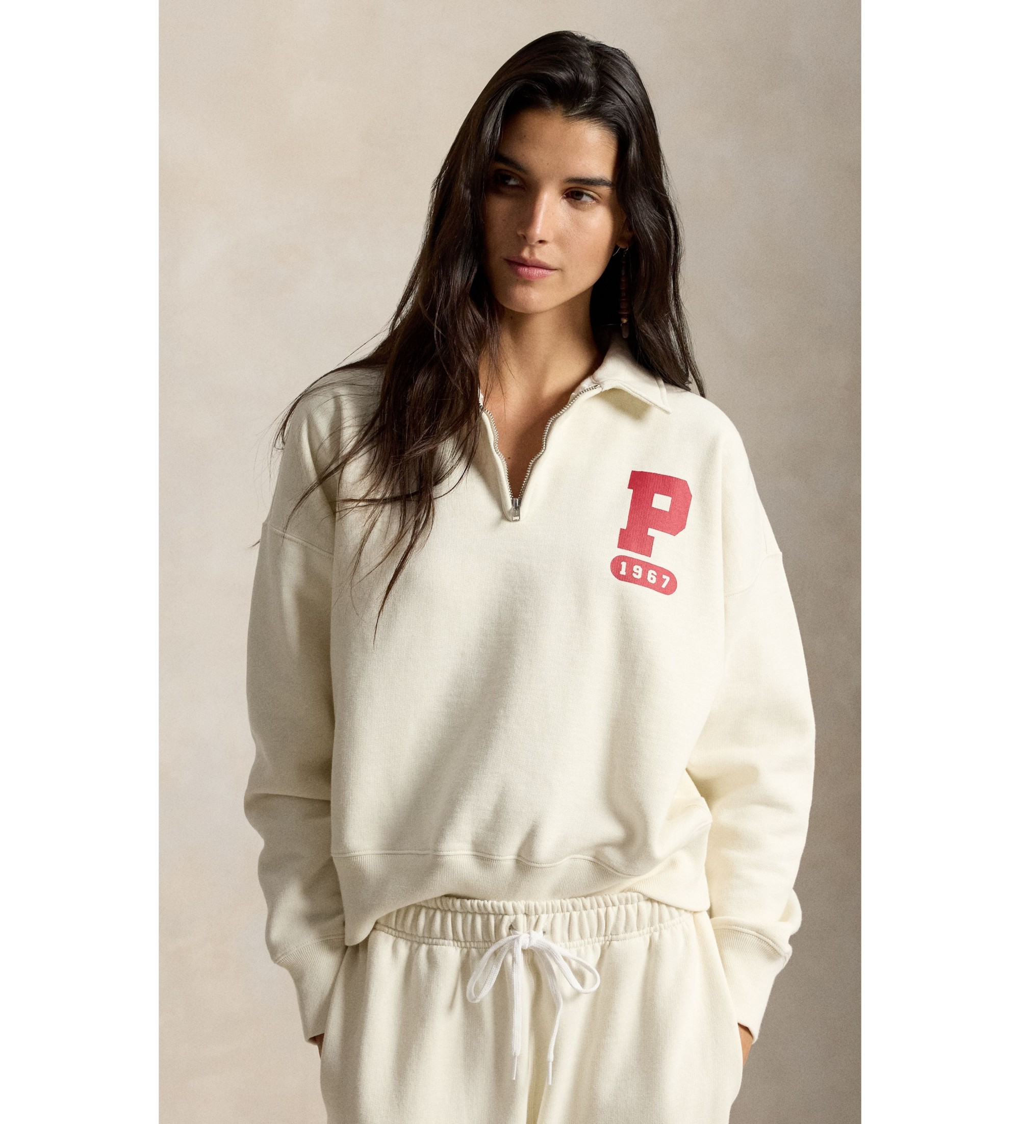 Polo Ralph Lauren für Damen. 211B17801001 Fleece-Sweatshirt mit "P"-Logo beige (M), Lässig, Baumwolle, Kurzarm