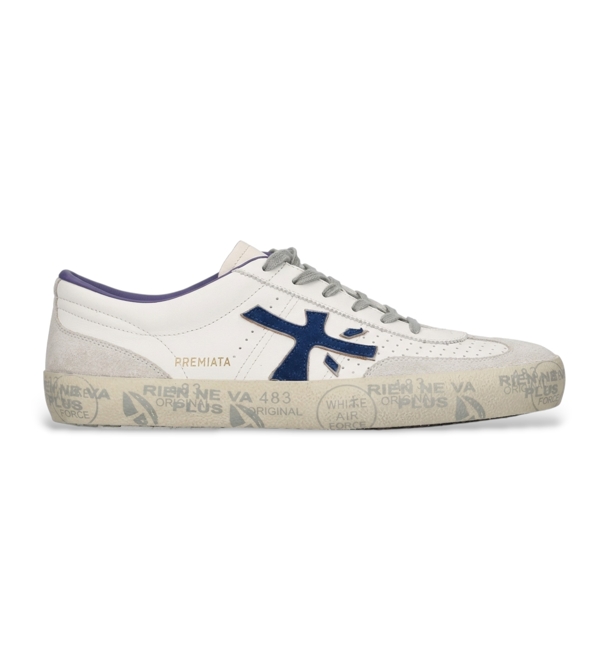 Premiata für Herren. DAVID David 8092 Sneakers in Weiß, blaues Leder (44), Beige, Wohnung, Schnürsenkel, Lässig