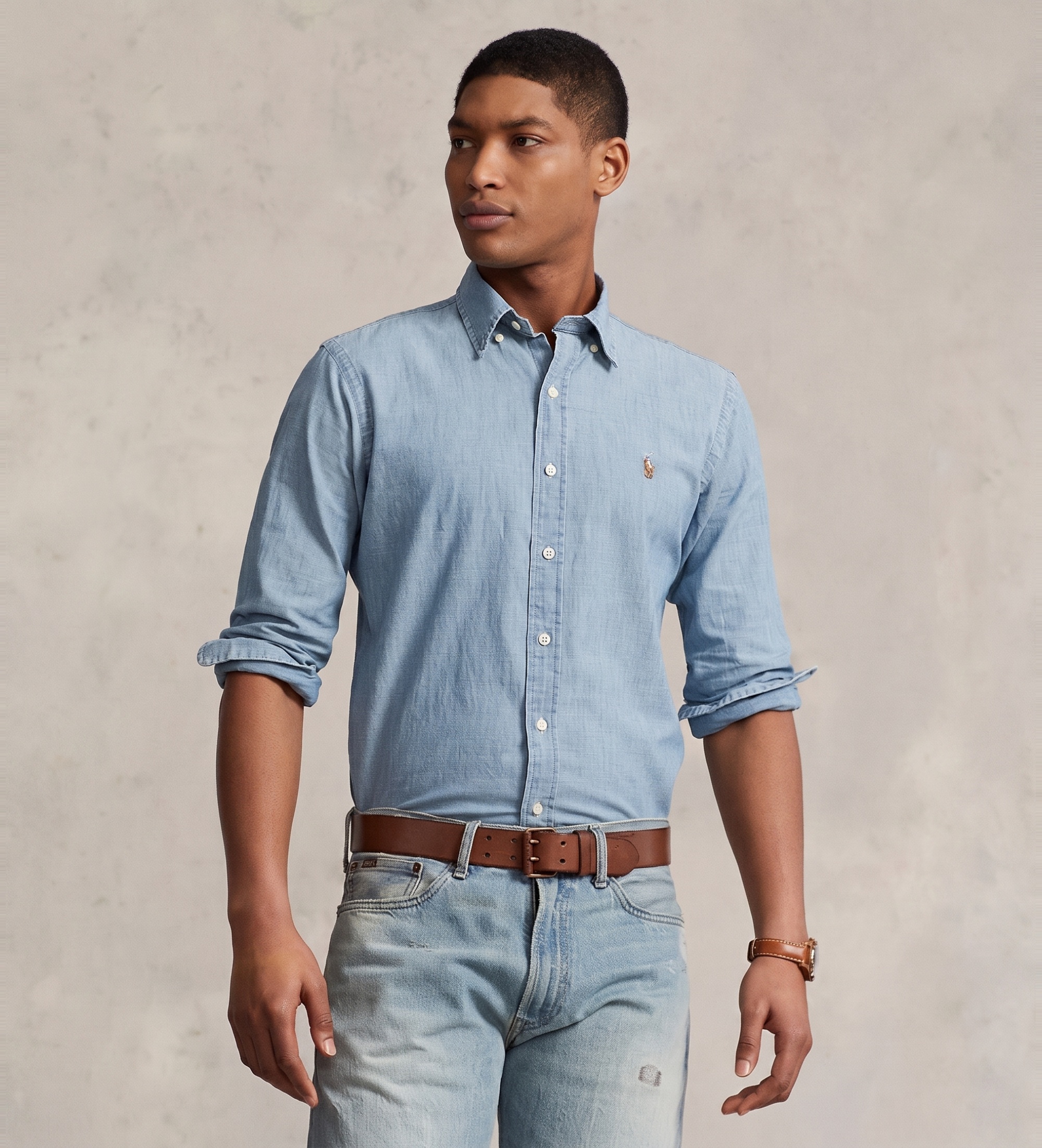 Polo Ralph Lauren für Herren. 710792042001 Blaues Chambray-Hemd mit individueller Passform (XXL), Lässig, Baumwolle, Langarm