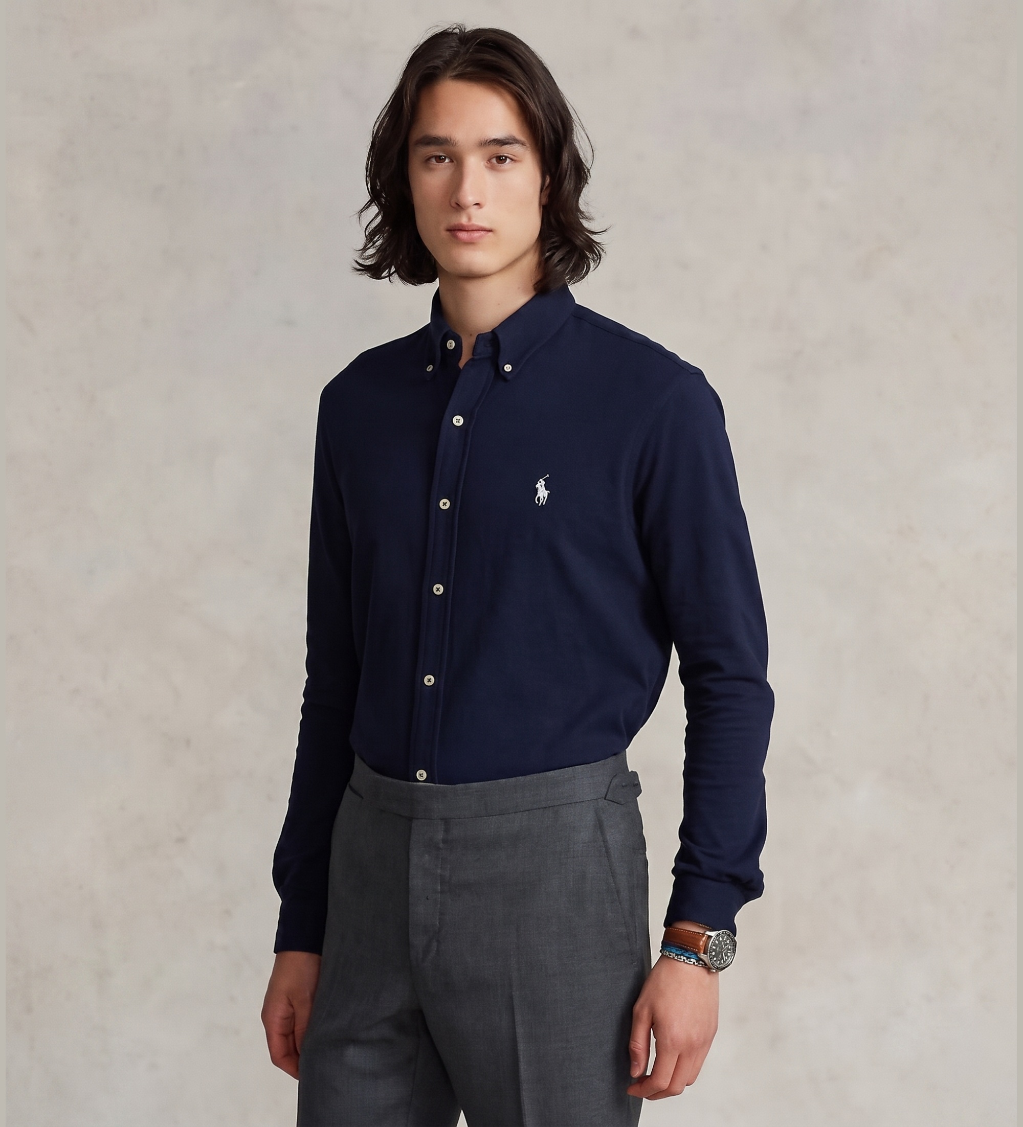 Polo Ralph Lauren für Herren. 710654408016 Ultraleichtes marineblaues Piqué-Hemd (S), Lässig, Baumwolle, Klassisch, Langarm