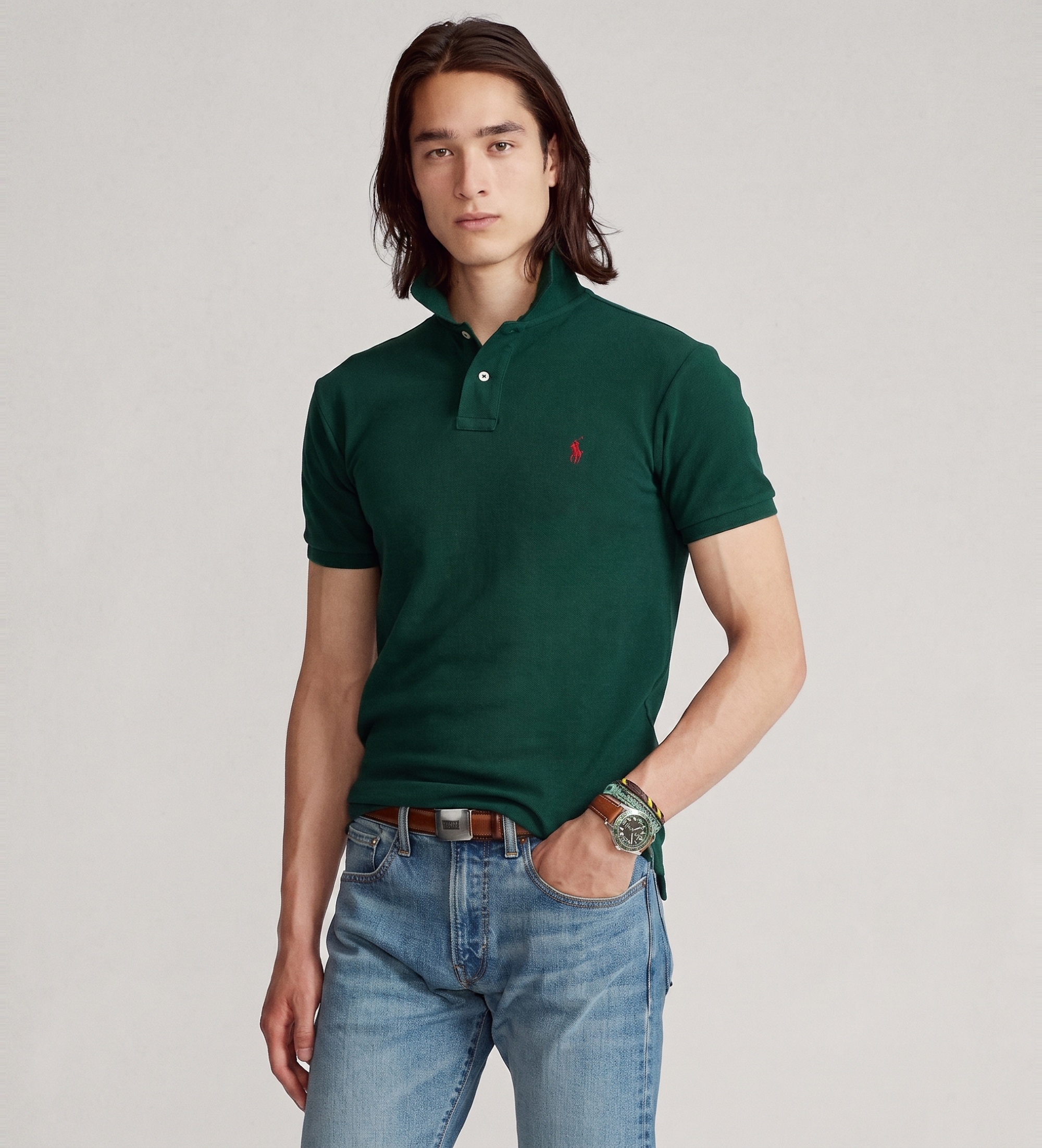Polo Ralph Lauren für Herren. 710795080018 Schmal geschnittenes Piqué-Poloshirt grün (S), Lässig, Baumwolle, Kurzarm