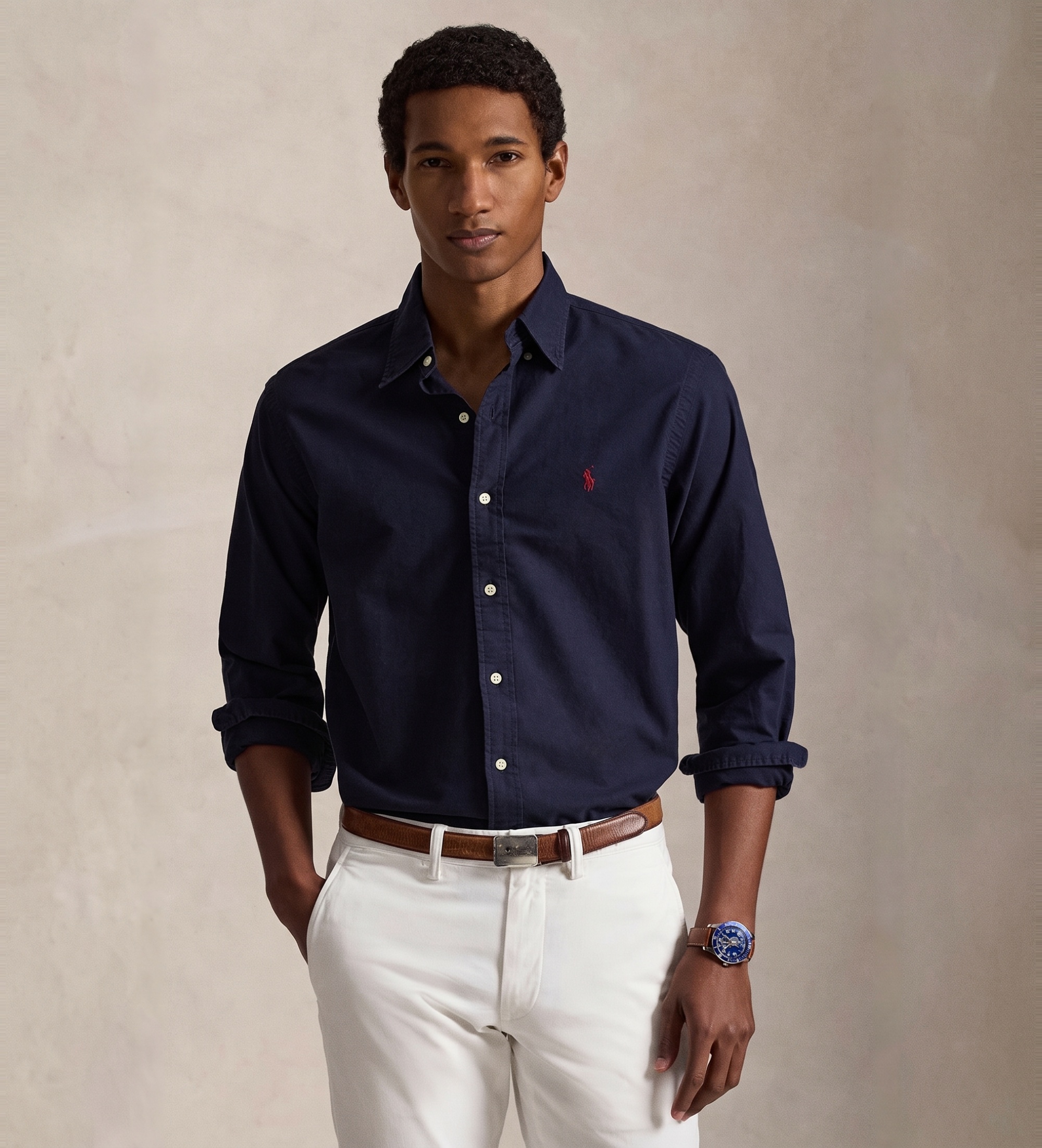 Polo Ralph Lauren für Herren. 710723610003 Schmal geschnittenes navy gefärbtes Oxford-Hemd (M), Lässig, Baumwolle, Klassisch, Langarm, Marin